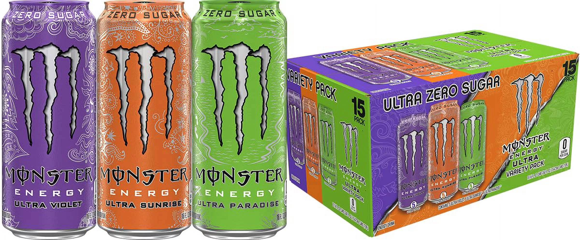 Monster Energy Ultra 3 Flavor Variety Pack Pop, Sugar Free Energy Drink, 16 Ounce (Pack Of 15)