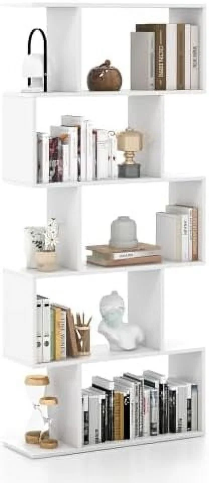 TJCGDTY 5-Tier Geometric Bookshelf  S Shaped Bookcase w/Anti-Toppling Device  Freestanding Room Divider  Industrial Home Office Decor Wood Open  Display  for Living Room (2  White)
