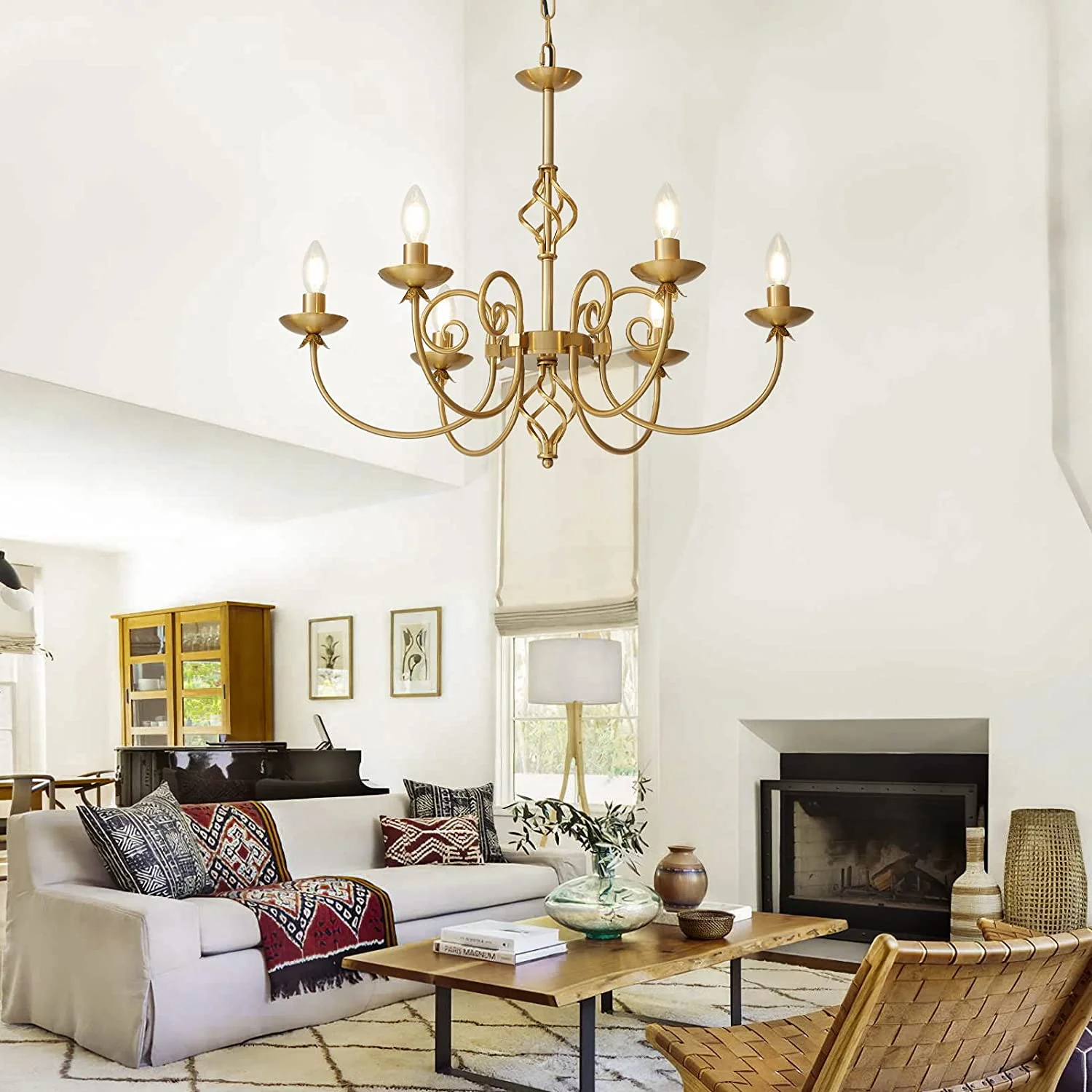 6-Light Farmhouse Candelabra Chandelier,Rustic Industrial Pendant Ceiling Light Fixture,Gold Ceiling Hanging Lamp for Living Room Bedroom Hallway Kitchen Dining Room, E12 Base……