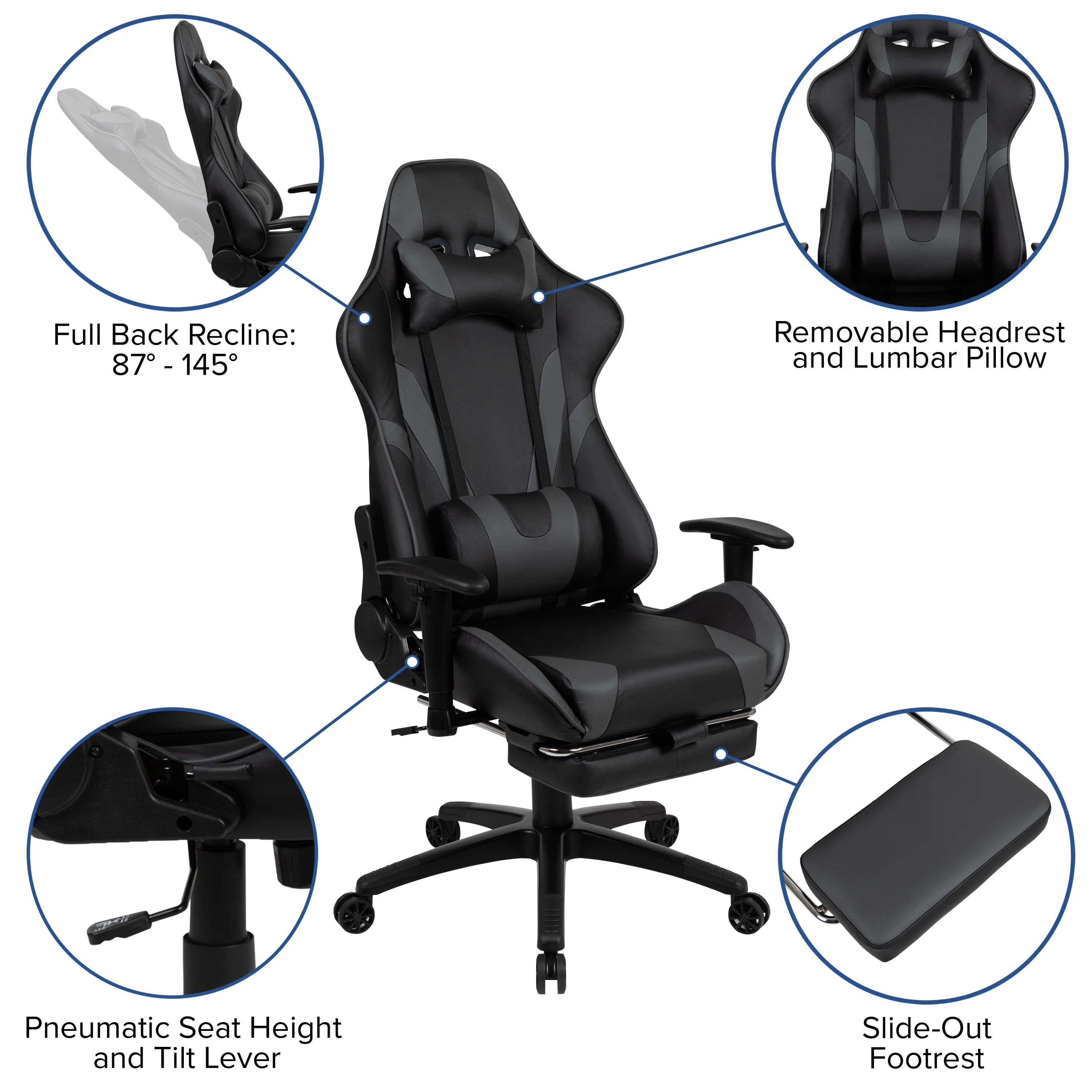 Emma + Oliver Z300 Gaming Chair Racing Office Ergonomic Computer Chair with Fully Reclining Back and Slide-Out Footrest in Gray LeatherSoft