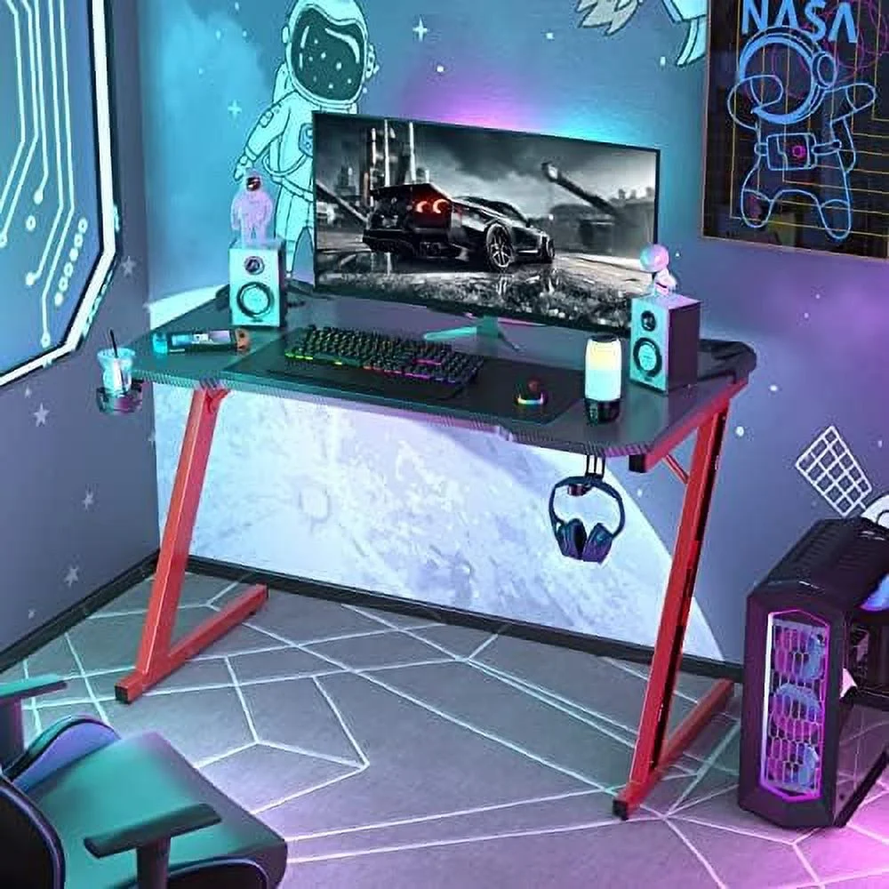 YPDCHB Gaming Desk  Computer Desk with Carbon Fiber Surface  Gaming Table Z Shaped PC Gaming Workstation Home Office Desks with Cup Holder and Headphone Hook (44 inch  Black)