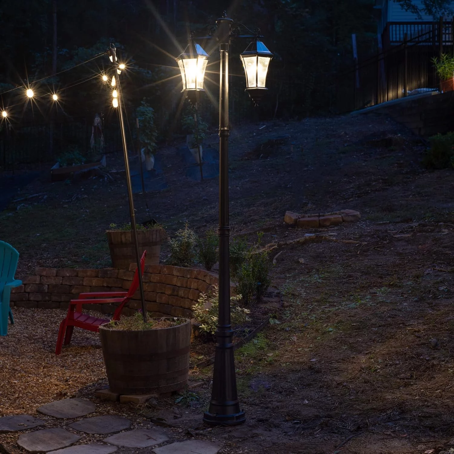 Gama Sonic Victorian Outdoor Solar Post Light, Double Hung Lamps, Cast Aluminum Durable, Solar Morph Technology, Black (94BM500D2)