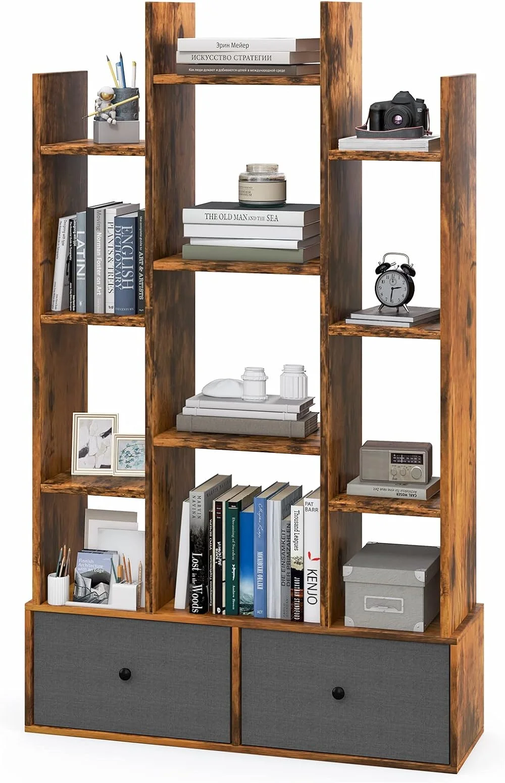 ZFGSUIJN 5-Cube Bookcase with 2 Drawers - Industrial Freestanding Open Display Shelving with Anti-toppling Device  7  Shelves  Wooden Tree Shaped Bookshelf  Room  Rustic Brown