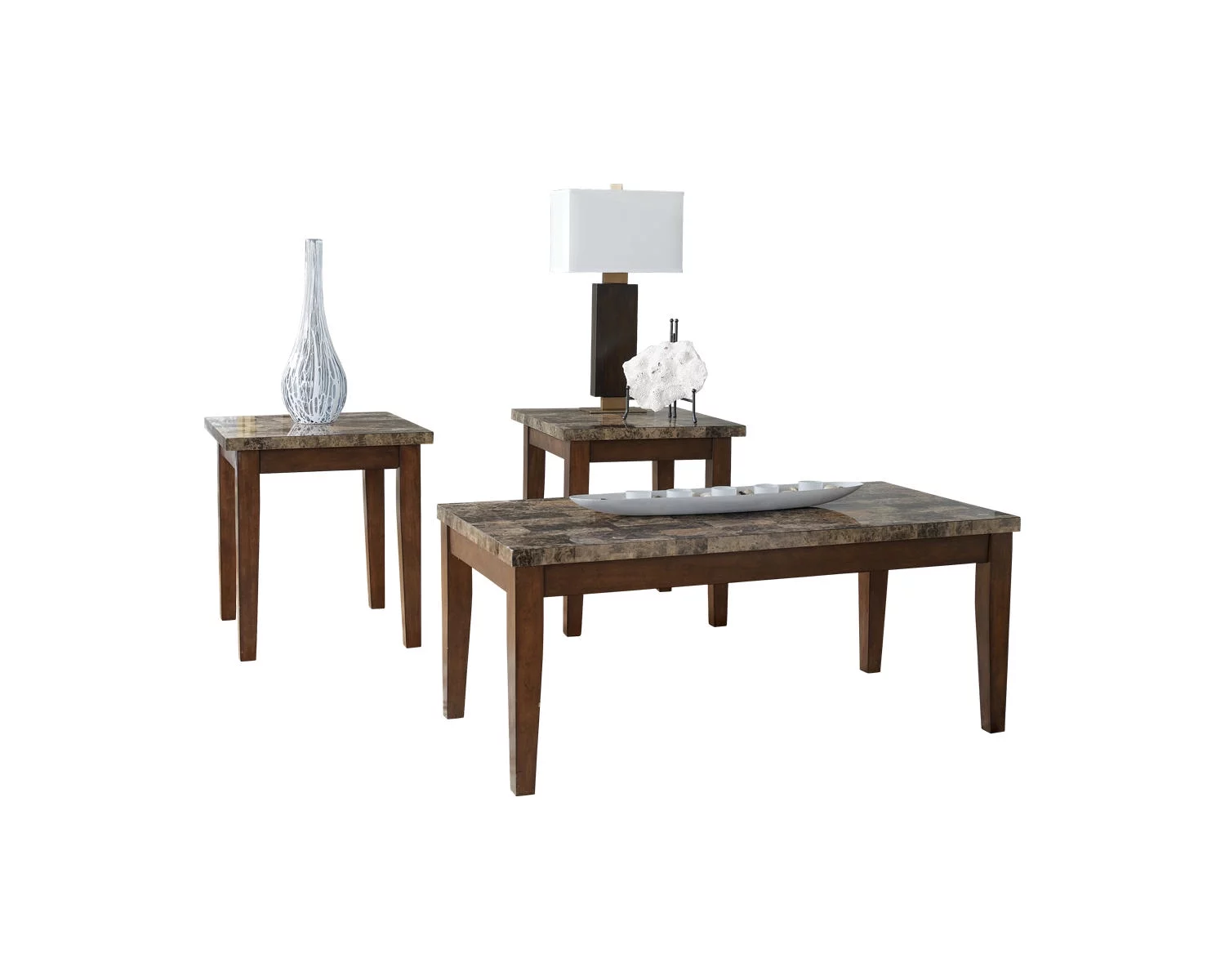 Signature Design by Ashley Theo Contemporary Faux Marble 3-Piece Occasional Table Set, Includes Coffee Table and 2 End Tables, Brown