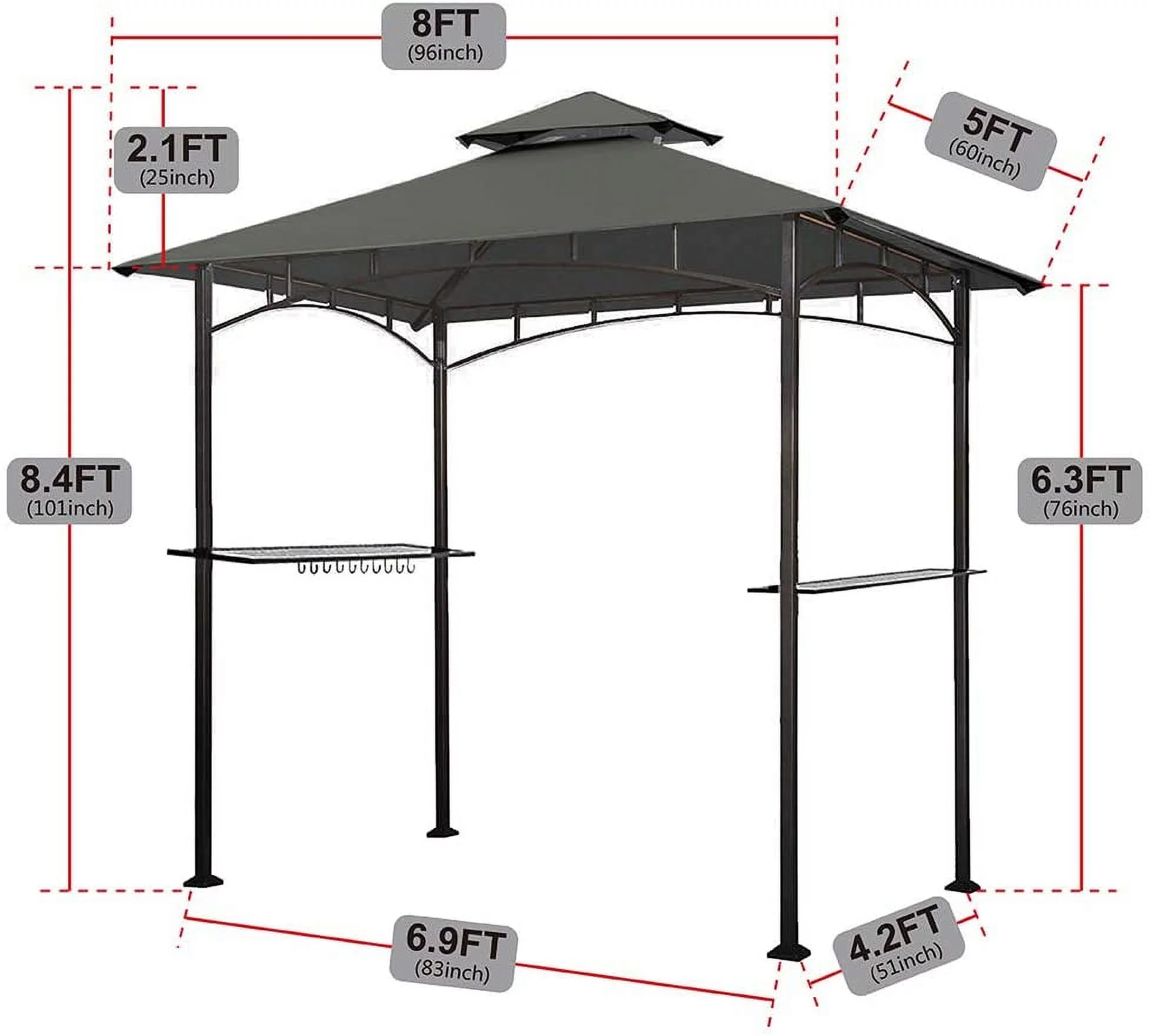 Eurmax 5x8 Grill Gazebo for Patio and Outdoor Backyard BBQ's,with Bar Counters, Bonus LED Light X2(Grey)