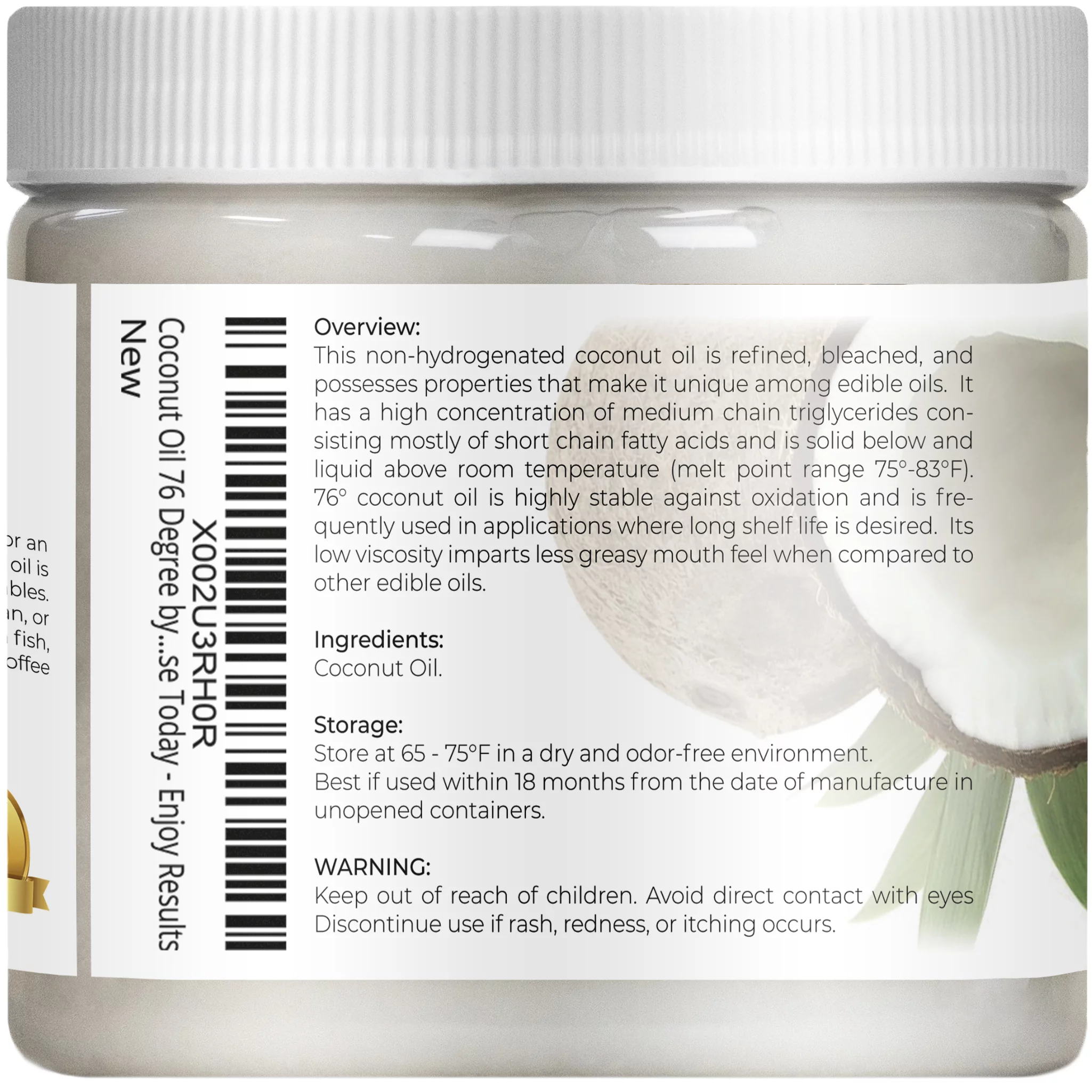 Velona Coconut Oil 76 Degree - 48 oz | 100% Pure and Natural Carrier Oil | in jar | Refined, Cold pressed | Skin, Face, Body, Hair Care