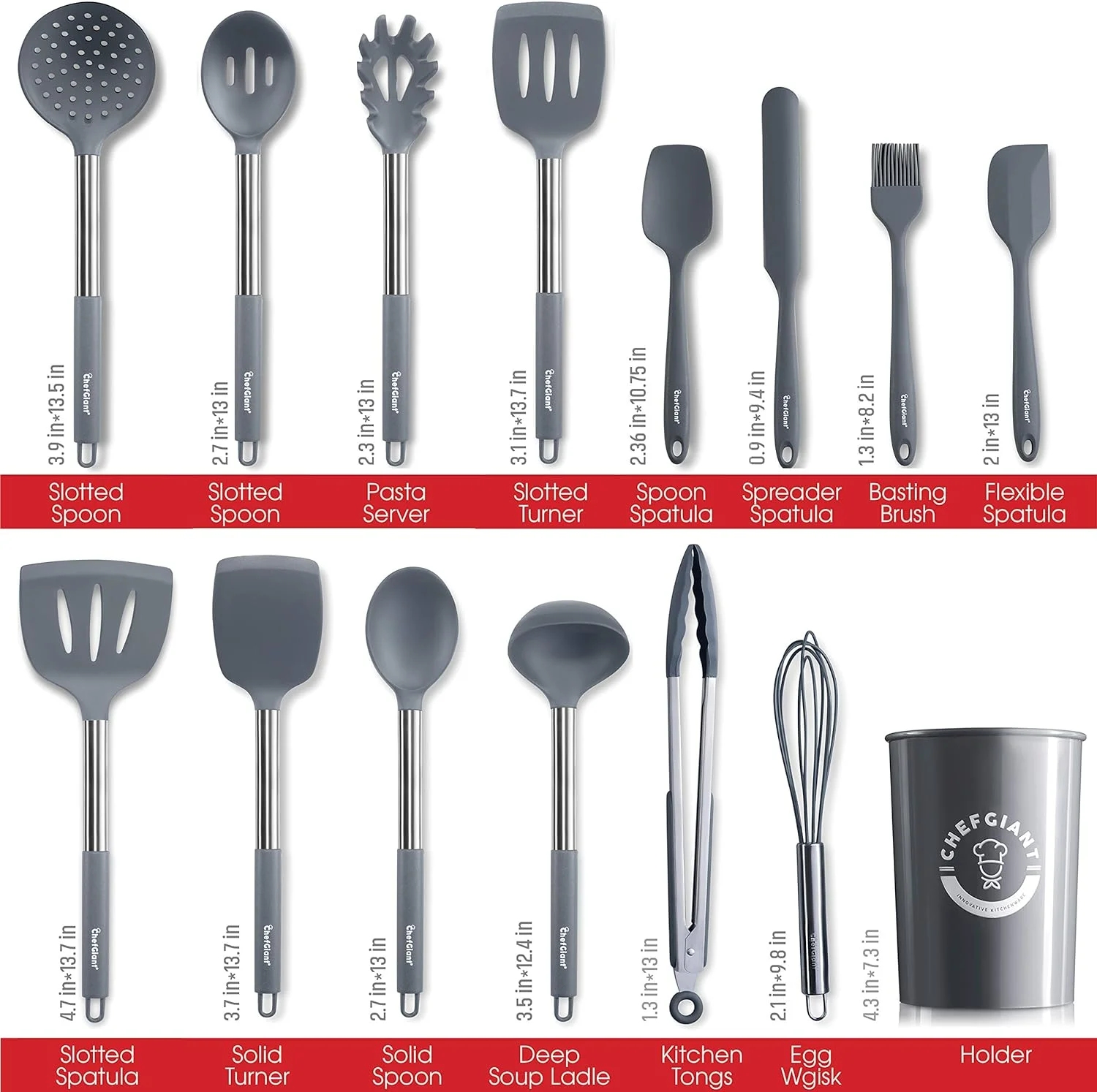 Silicone Cooking Utensils Set - Stainless Steel Handle, 15 Piece Kitchen Utensil Sets | Nonstick, Heat Resistant, BPA & Dishwasher Safe | Grey