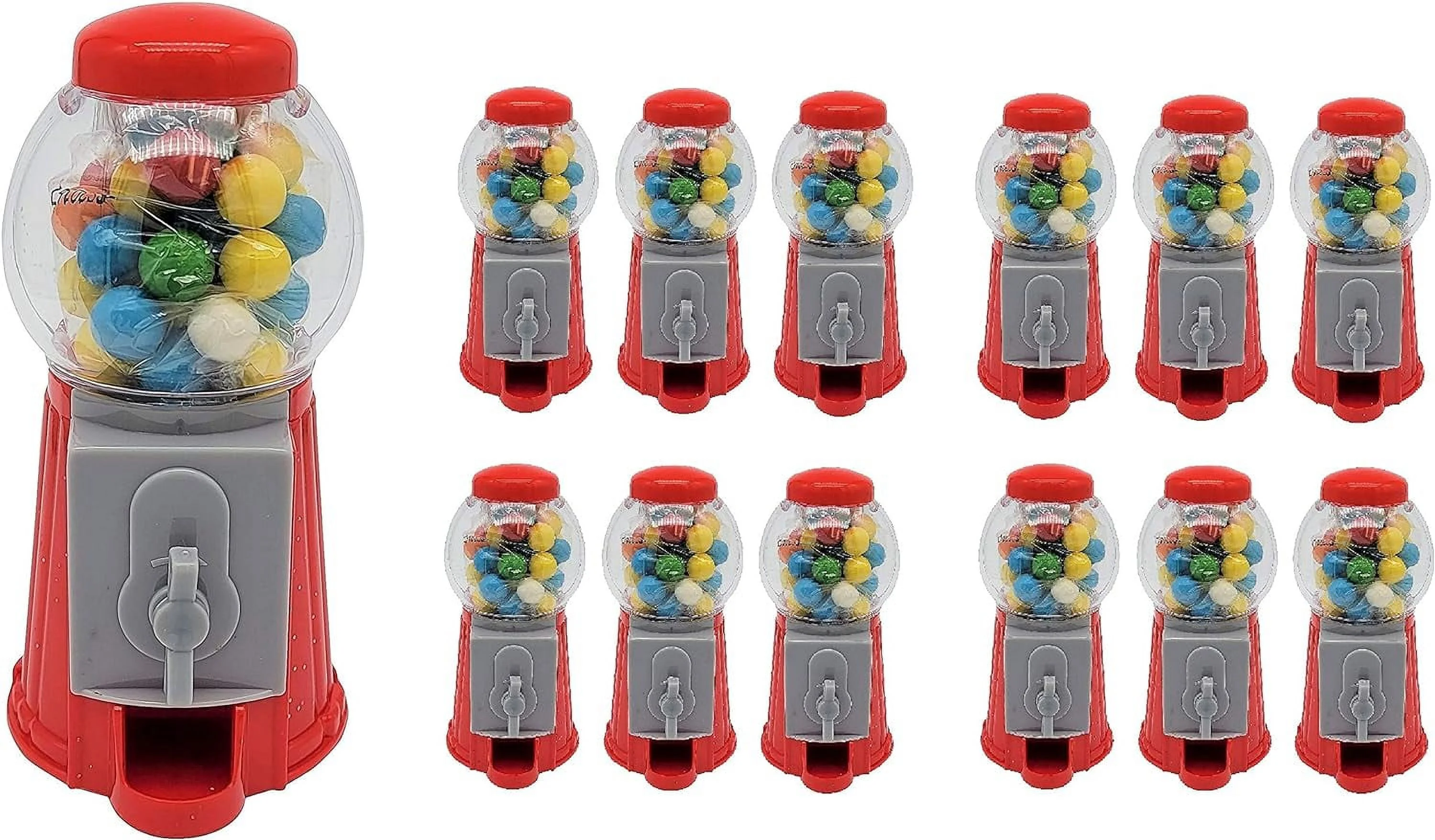 Gumball Machine Bank (With GUMBALLS) (12 Pack In Retain Box) Classic Red Design - Mini Bubble Gum Candy Dispenser. Unique Money Saving Coin Bank. (12)