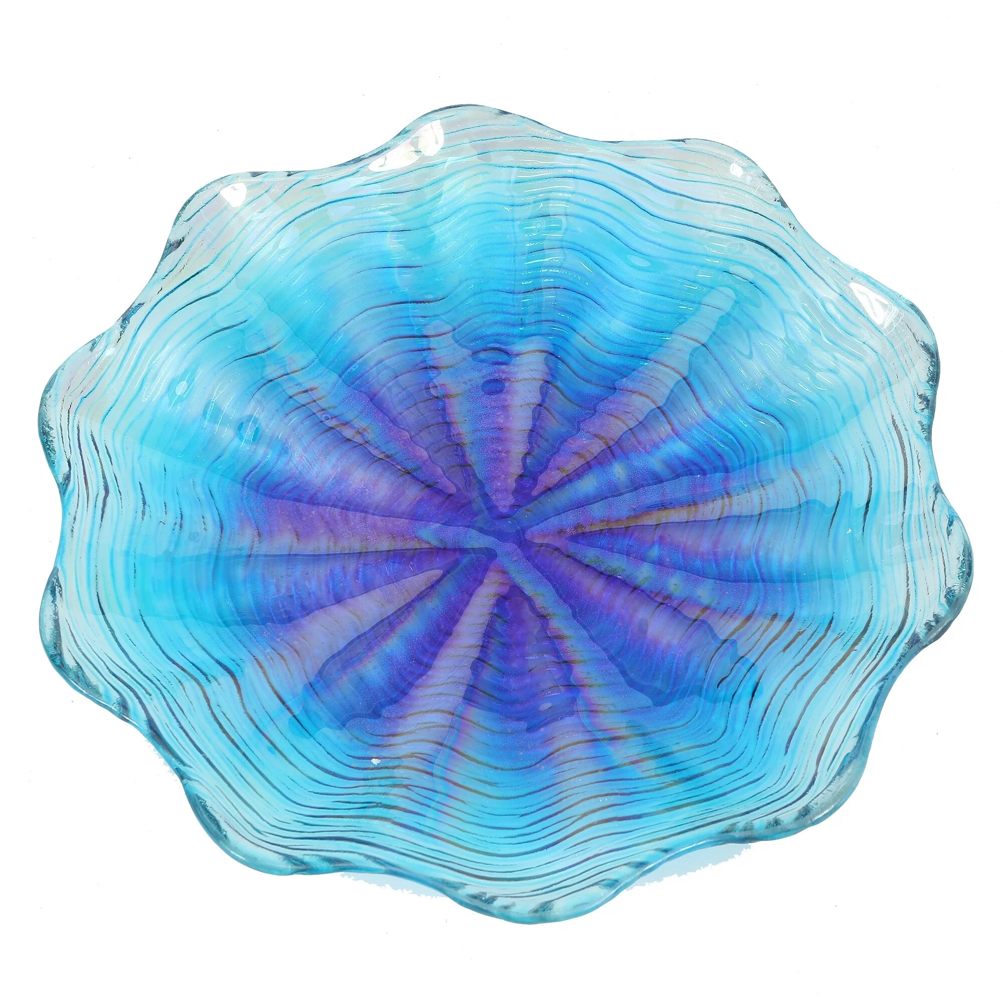 Luxen Home Blue Ripples Glass Bird Bath with Metal Stand