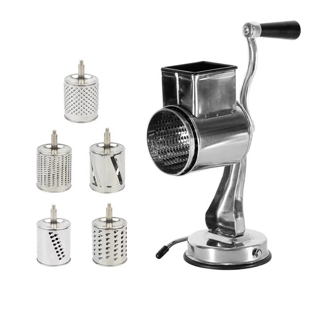 Stainless Steel Hand Held Food Grater Rotary Drum Slicer Grinder Food Graters & Lesters W/ 5 Blade