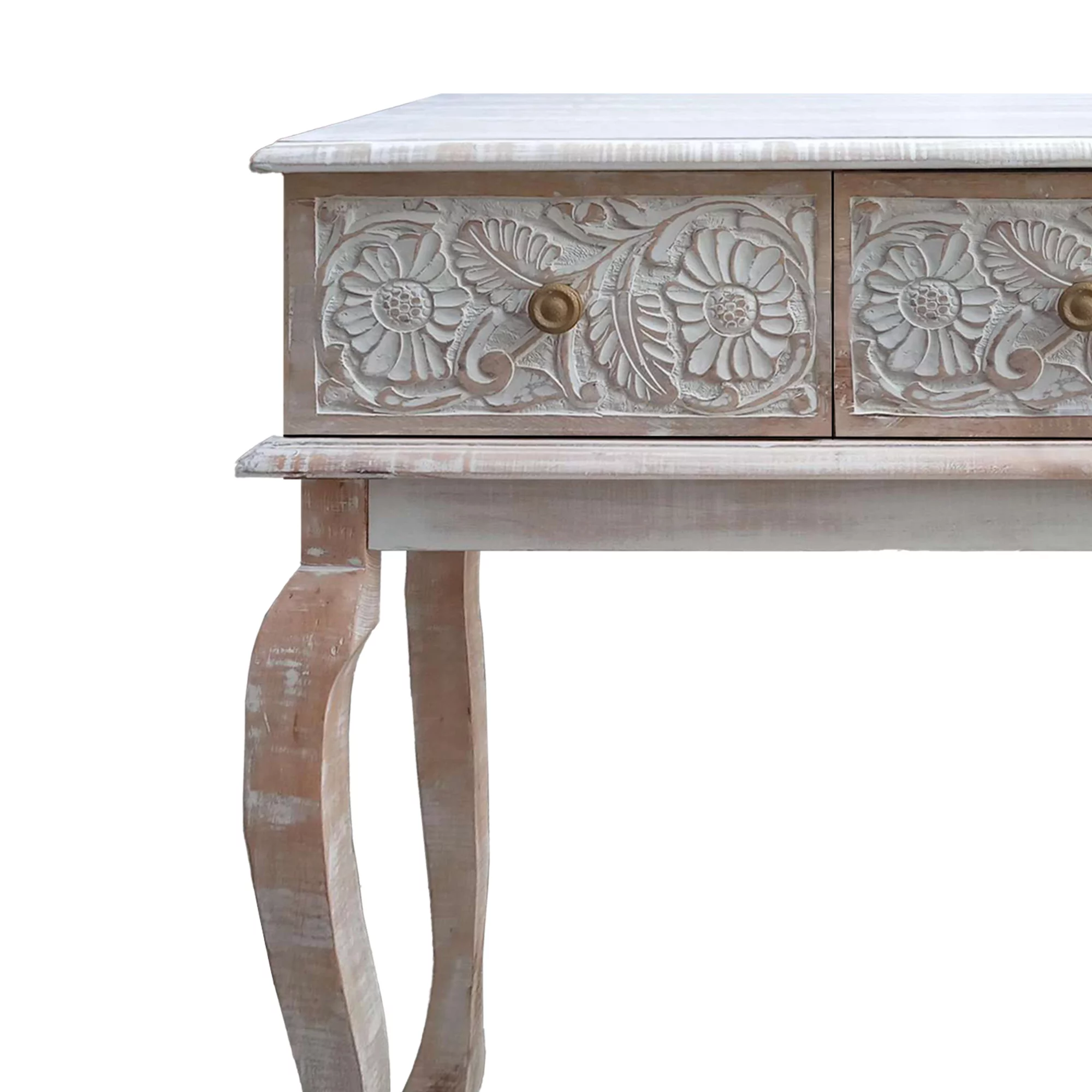 Homiyad 2 Drawer Mango Wood Console Table With Floral Carved Front, Brown And White