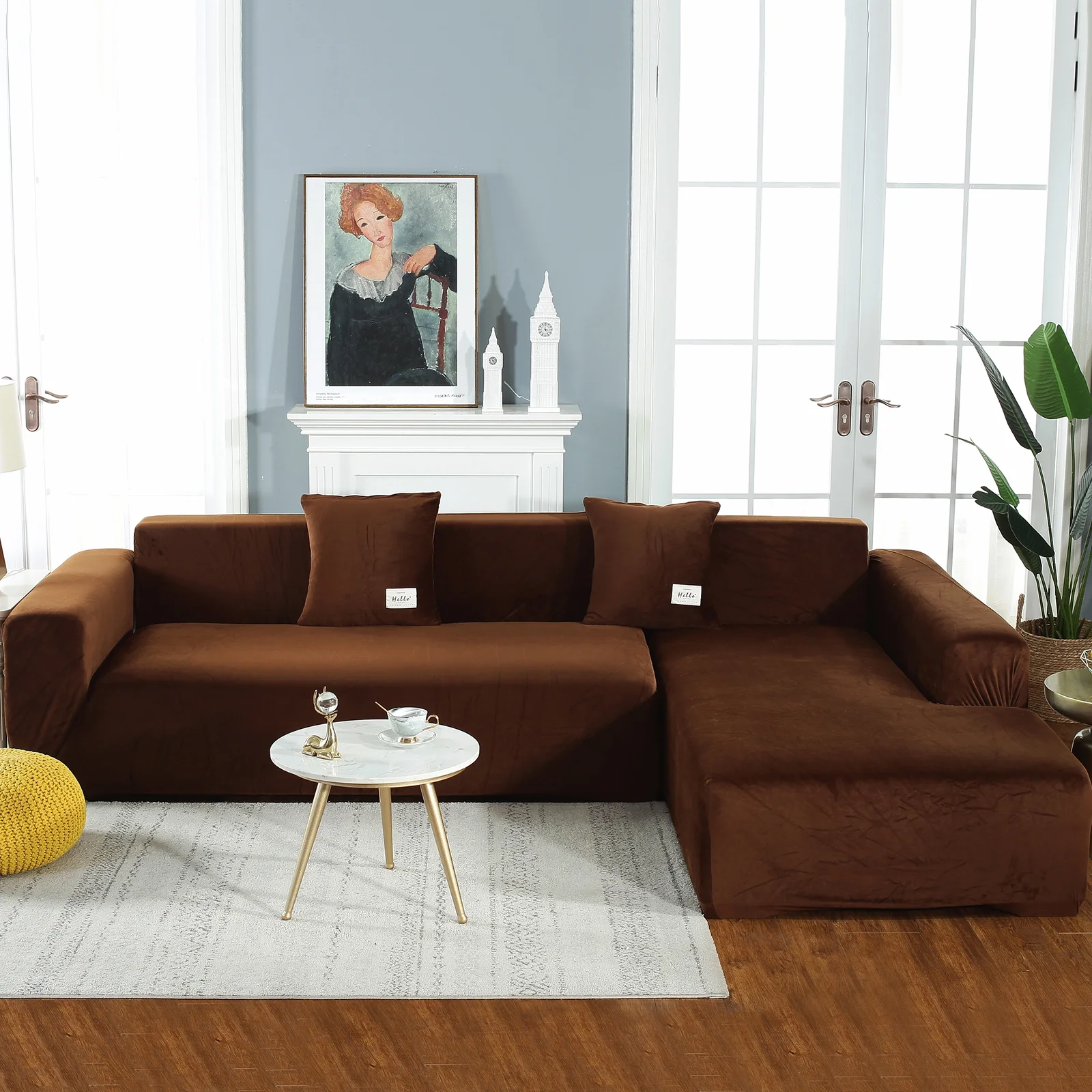 TOPCHANCES L Shape Sofa Covers Stretch 2 Piece Sectional Couch Slipcovers Furniture Protector  3+4 Seater, with 4pcs Pillowcases, Brown