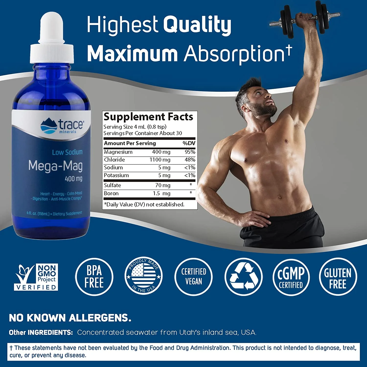 Trace Minerals | Mega-Mag 400 mg Liquid Magnesium Chloride | Supports Normal Heart Health, Calm Mood, Digestion, Sleep | Helps with Muscle Cramps | 30 Servings, 4 fl oz (1 Pack)