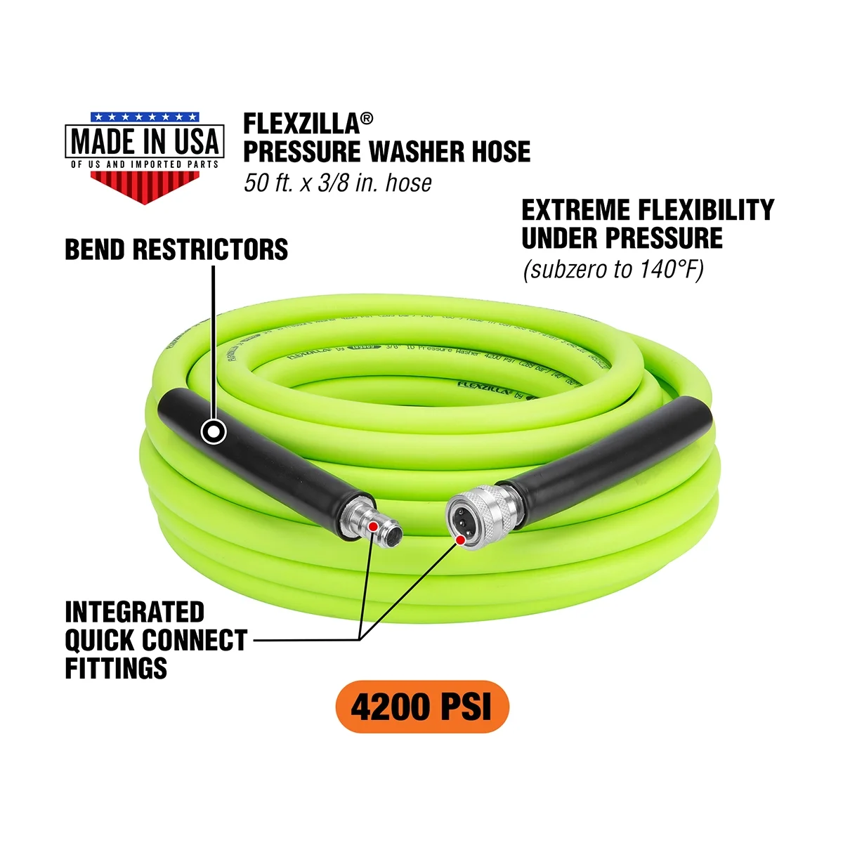 Flexzilla® Pressure Washer Hose, 3/8 in. x 50 ft., 4200 PSI, Integrated Quick Connect Fittings, ZillaGreen®