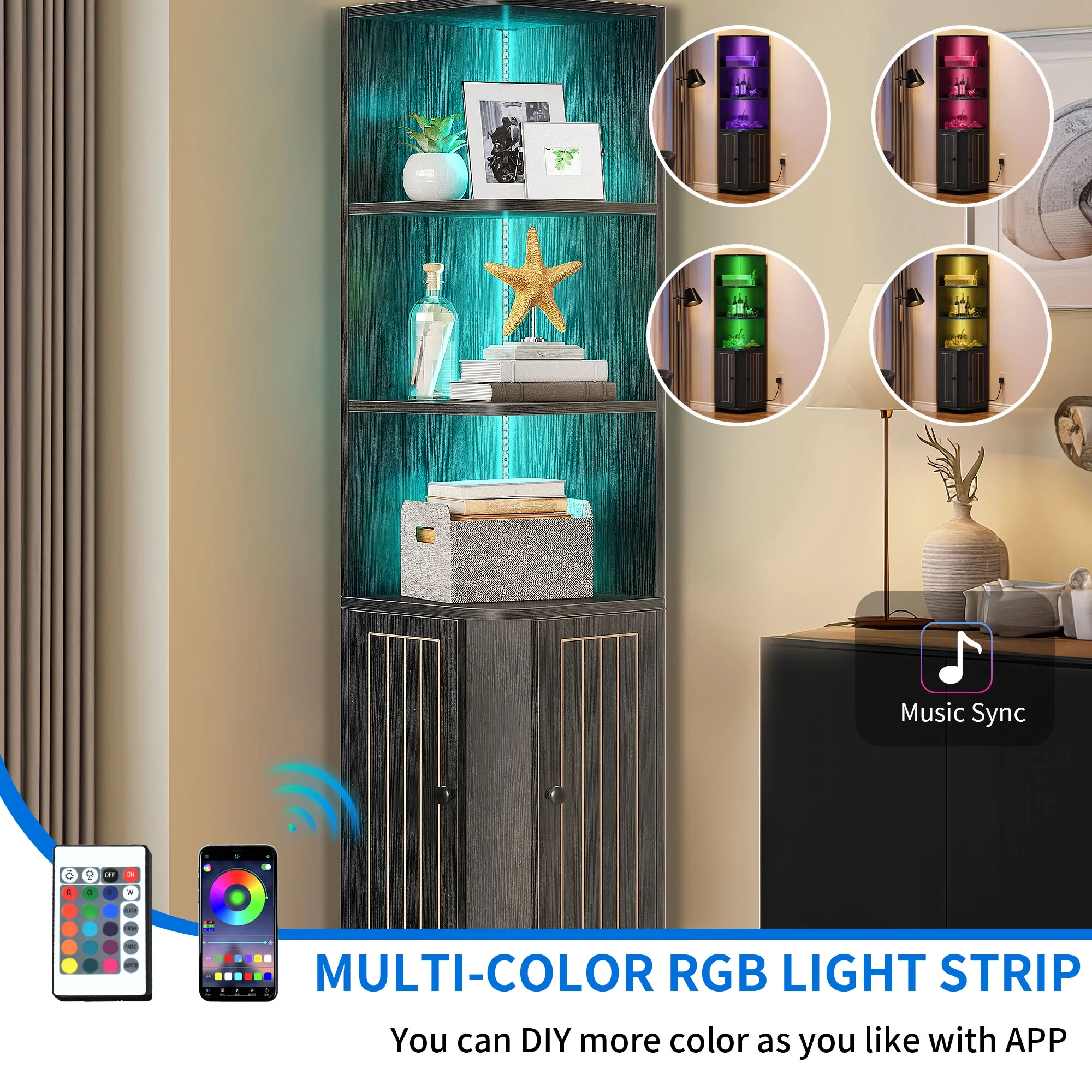 Dextrus 71.1“ Corner Cabinet with LED Lights, Tall Corner Storage Cabinet with Door & Shelves, Wooden Display Corner Shelf, Corner Bookshelf and Bookcase, for Kitchen, Living Room or Bedroom, Black