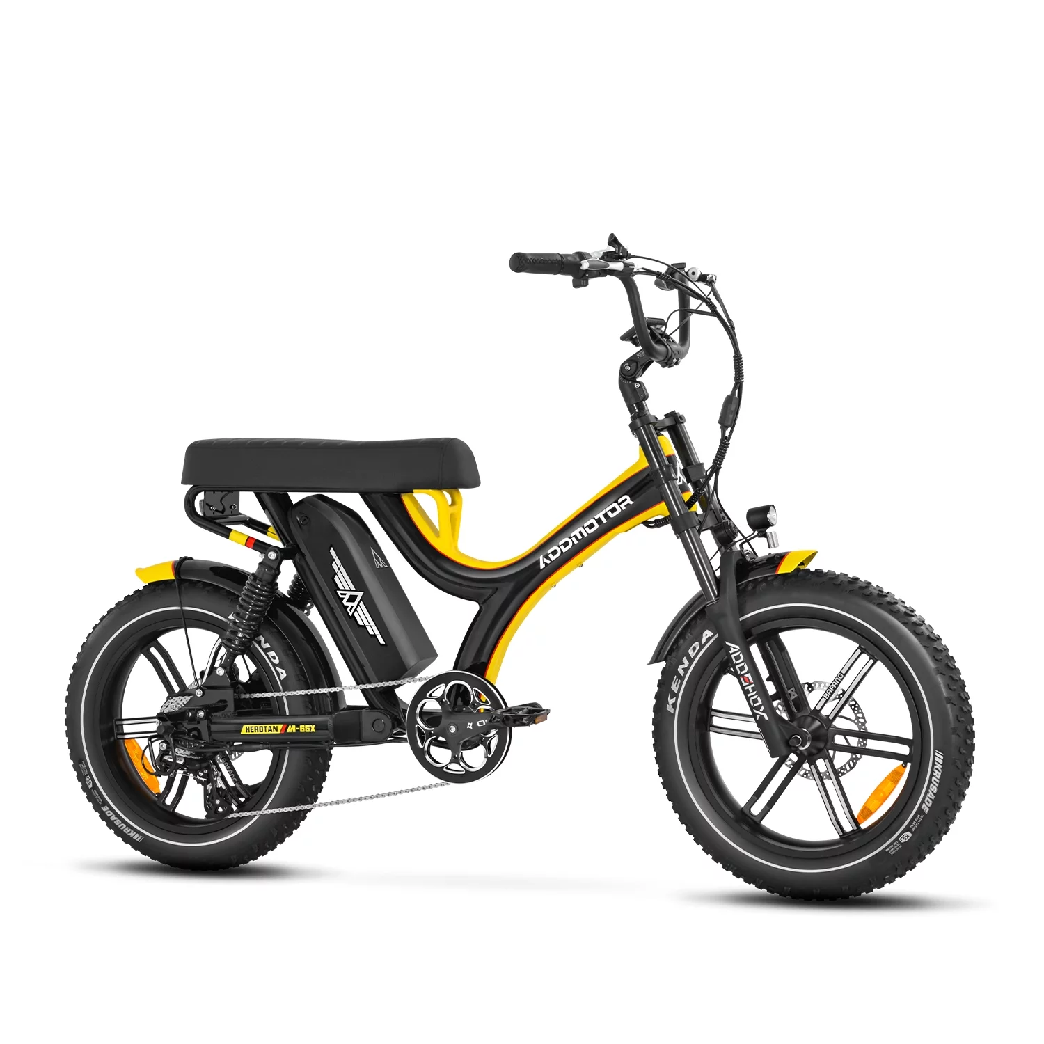 Addmotor Electric Bike for Adults, 20'' Fat Tire 750W Electric Bicycle with 48V 20Ah Removable Battery, 105 MI, Full Suspension, Step-Over City Mountain Ebike, M-65X Black&Yellow