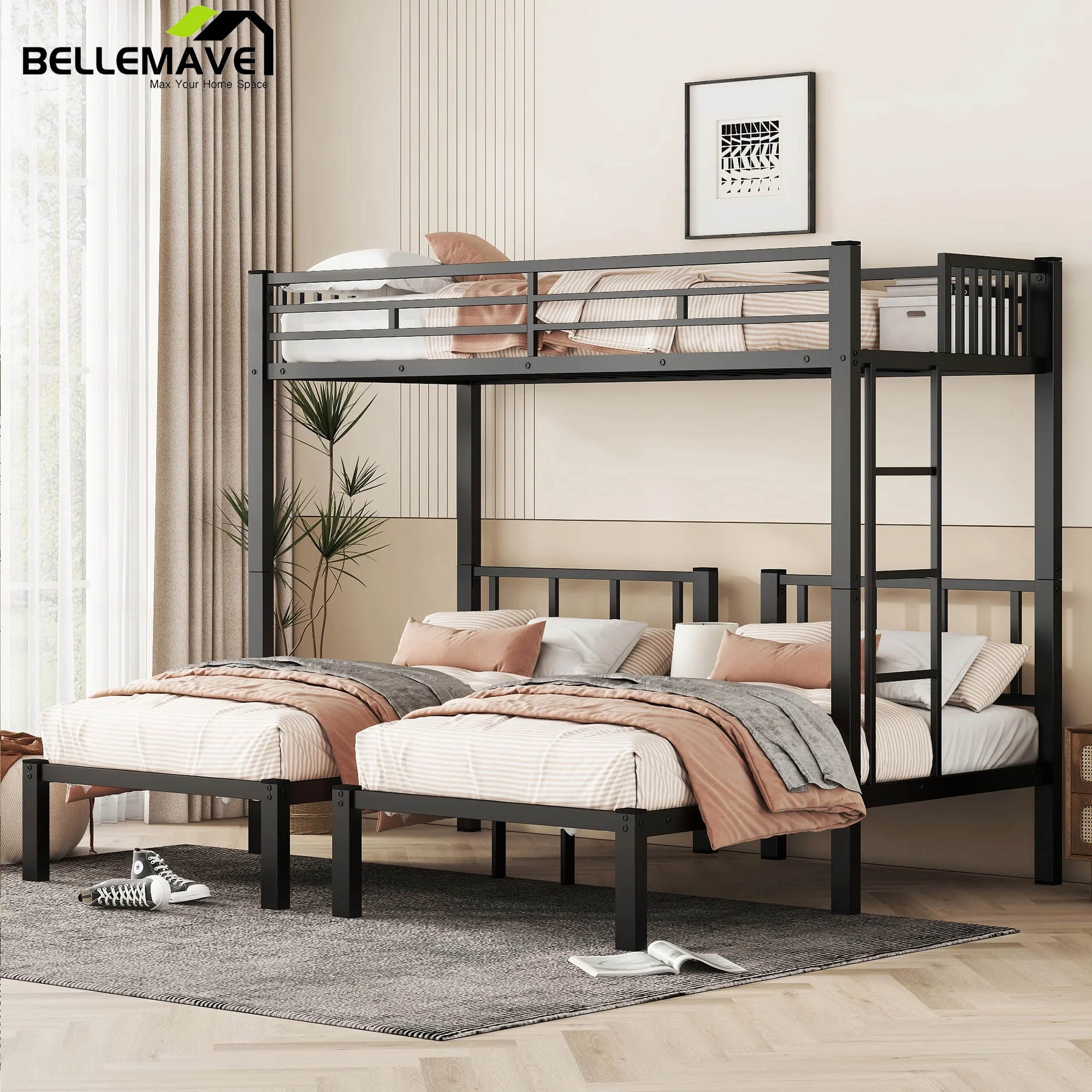 Bellemave Twin over Twin and Twin Bunk Bed Frame Noise Reduced Metal Triple Bunk Bed with Slats Lockers 3 Beds in 1 Bunk Bed Frame Convertible 3 Bunk Bed for Kids Teens Boys Girls, Black