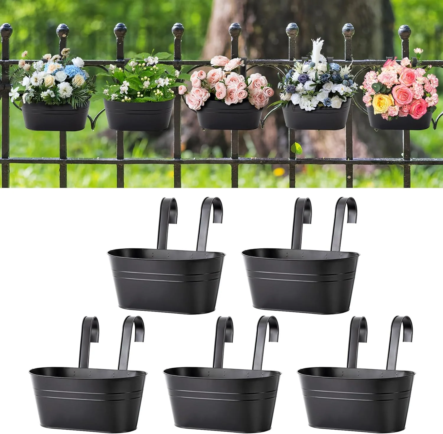 Namzi -a 5 Pcs Iron Hanging Flower Pots 11 Inch Hanging Planters for Outdoor Plants Metal Hanging Bucket Pots Iron Railing Fence Planter with Holes and Hooks for Porch Railing Balcony Fence(Black)