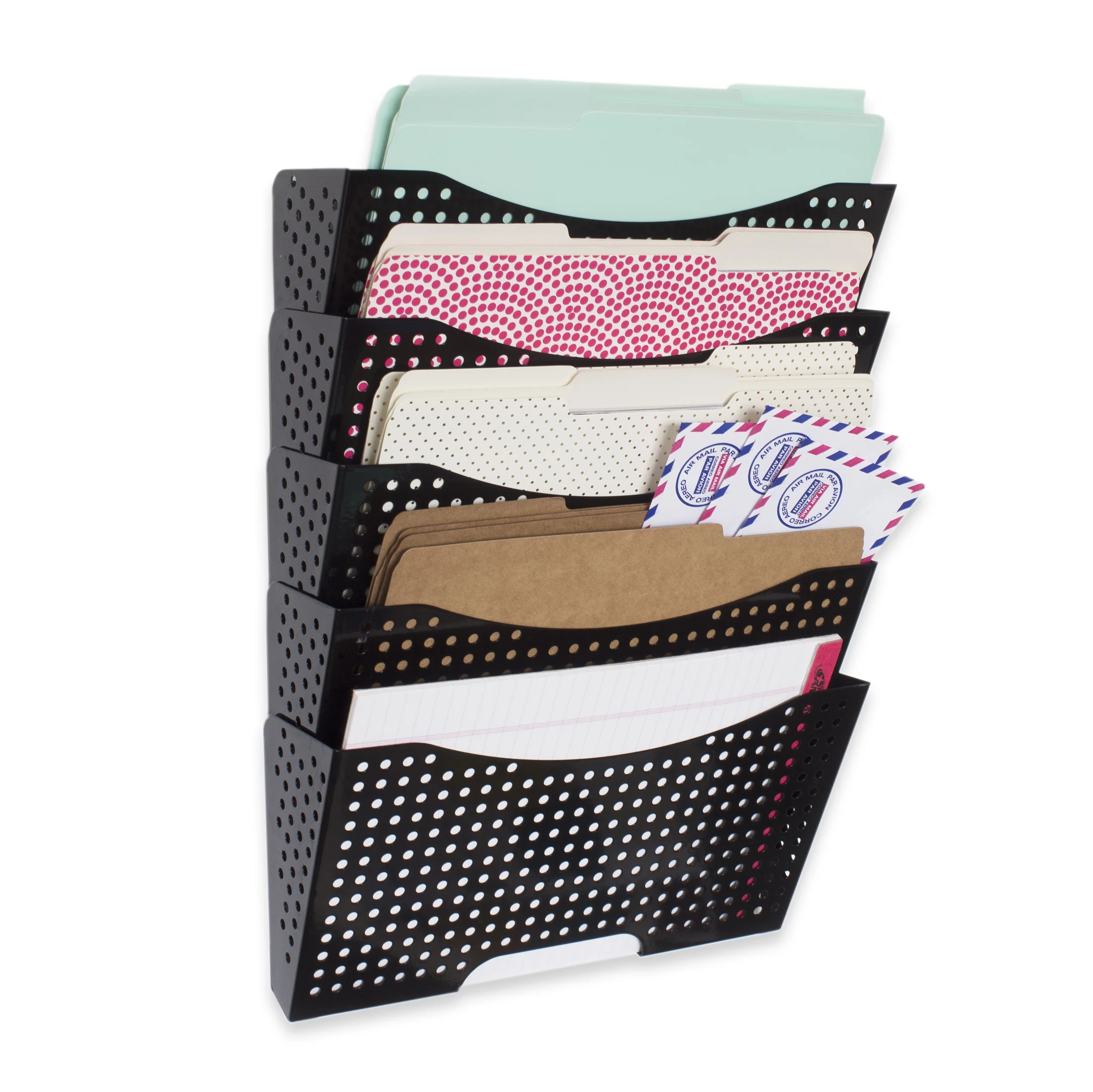 Wallniture Dots Lisbon Metal Wall File Holder Organizer, 5-Tier File Folders Letter Size Magazine Holder and Office Decor, Black