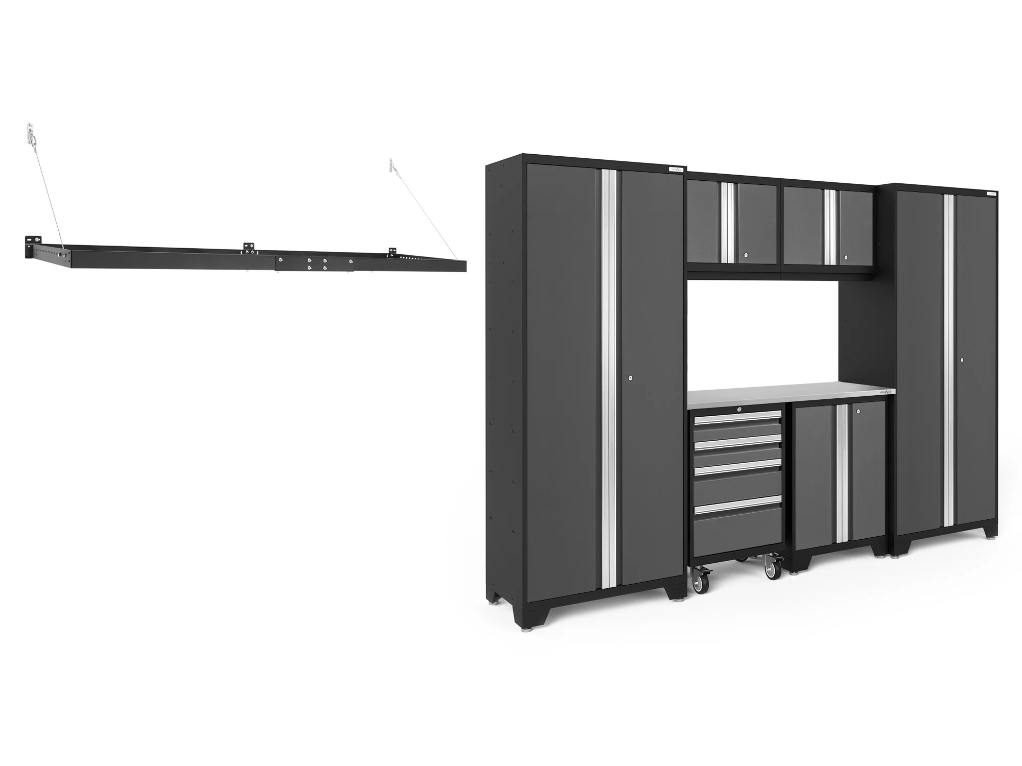 NewAge Products Bold Series Gray 8 Piece Cabinet Set, Heavy Duty 24-Gauge Steel Garage Storage System, Wall Mounted Shelf Included