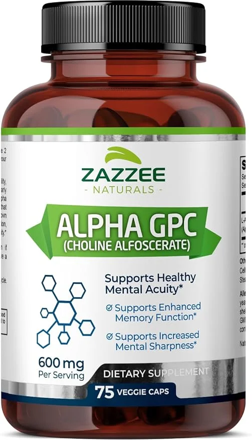 Zazzee Alpha GPC Choline 300 mg per Capsule, 75 Vegan Capsules, 100% Pure, Standardized for Potency and Purity, Support for Overall Brain Function, Memory, Focus and Concentration, Made in The USA