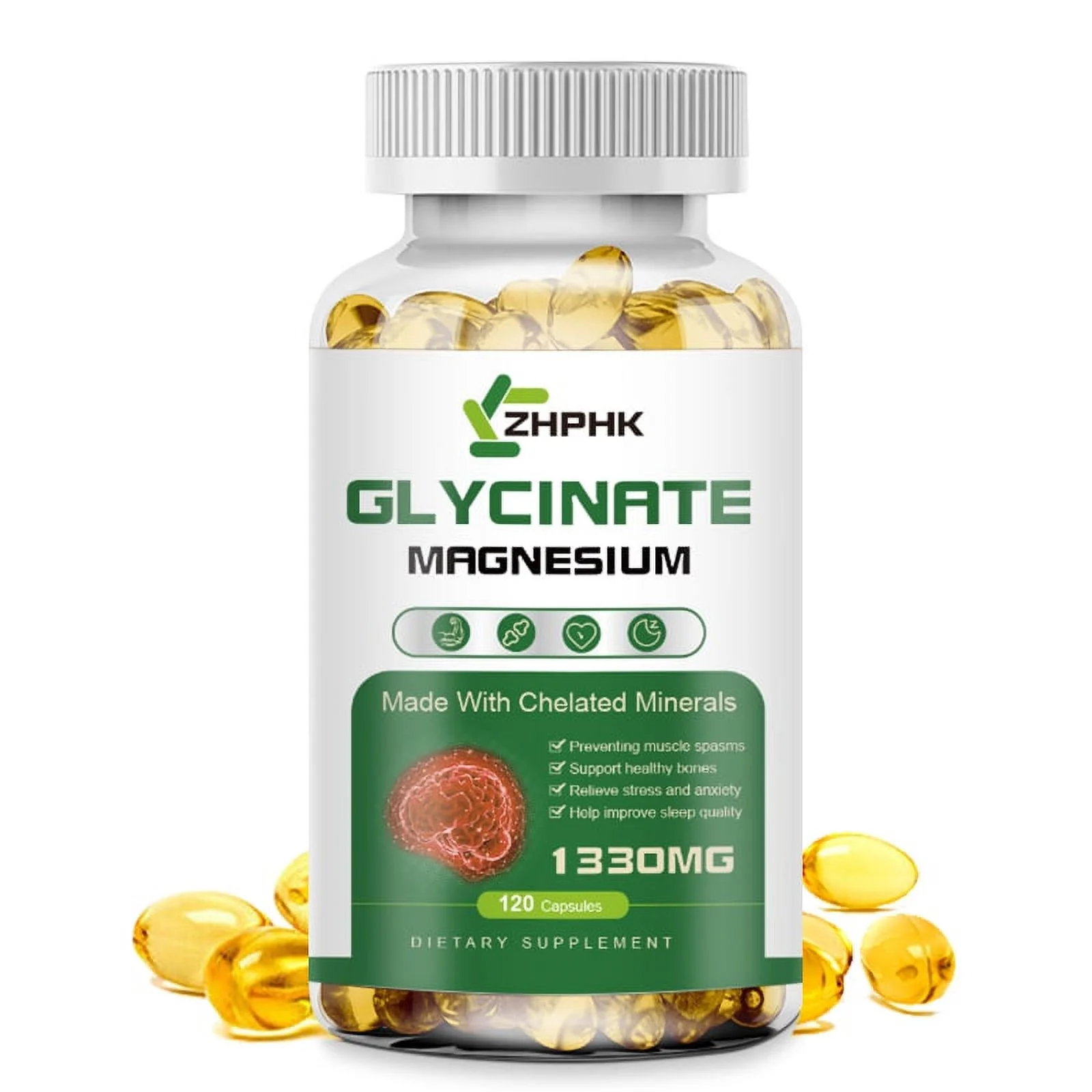 ZHPHK Magnesium Glycinate Capsules 1330mg Beneficial for Stress and Anxiety Relief Non-GMO&Gluten Free 120 Capsules