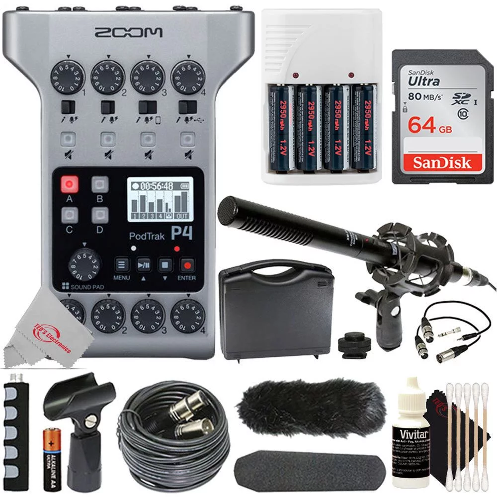 Zoom PodTrak P4 Multitrack Podcast Recorder with Shotgun Microphone Kit with Accessories