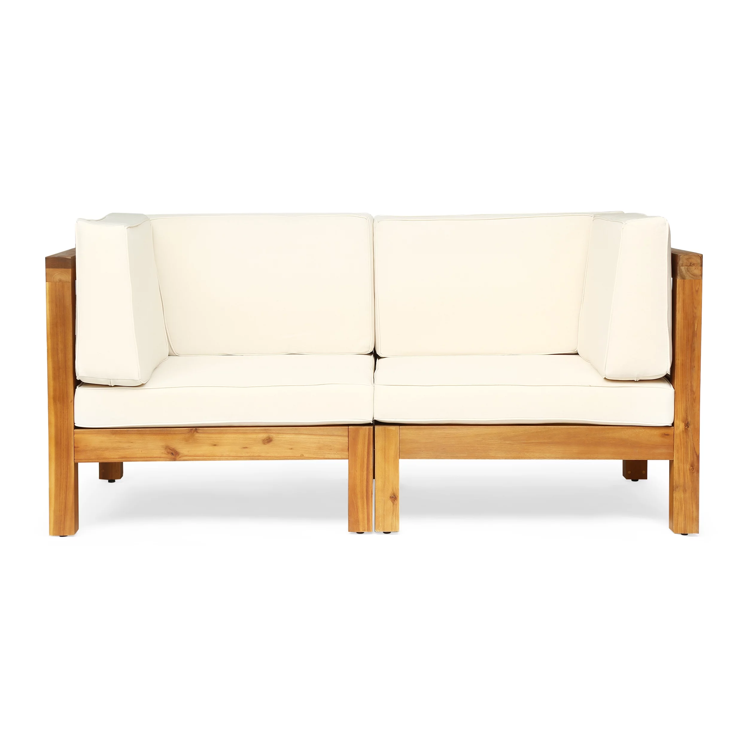 GDF Studio Keith Outdoor Modular Acacia Wood Loveseat with Cushions, Teak and Beige