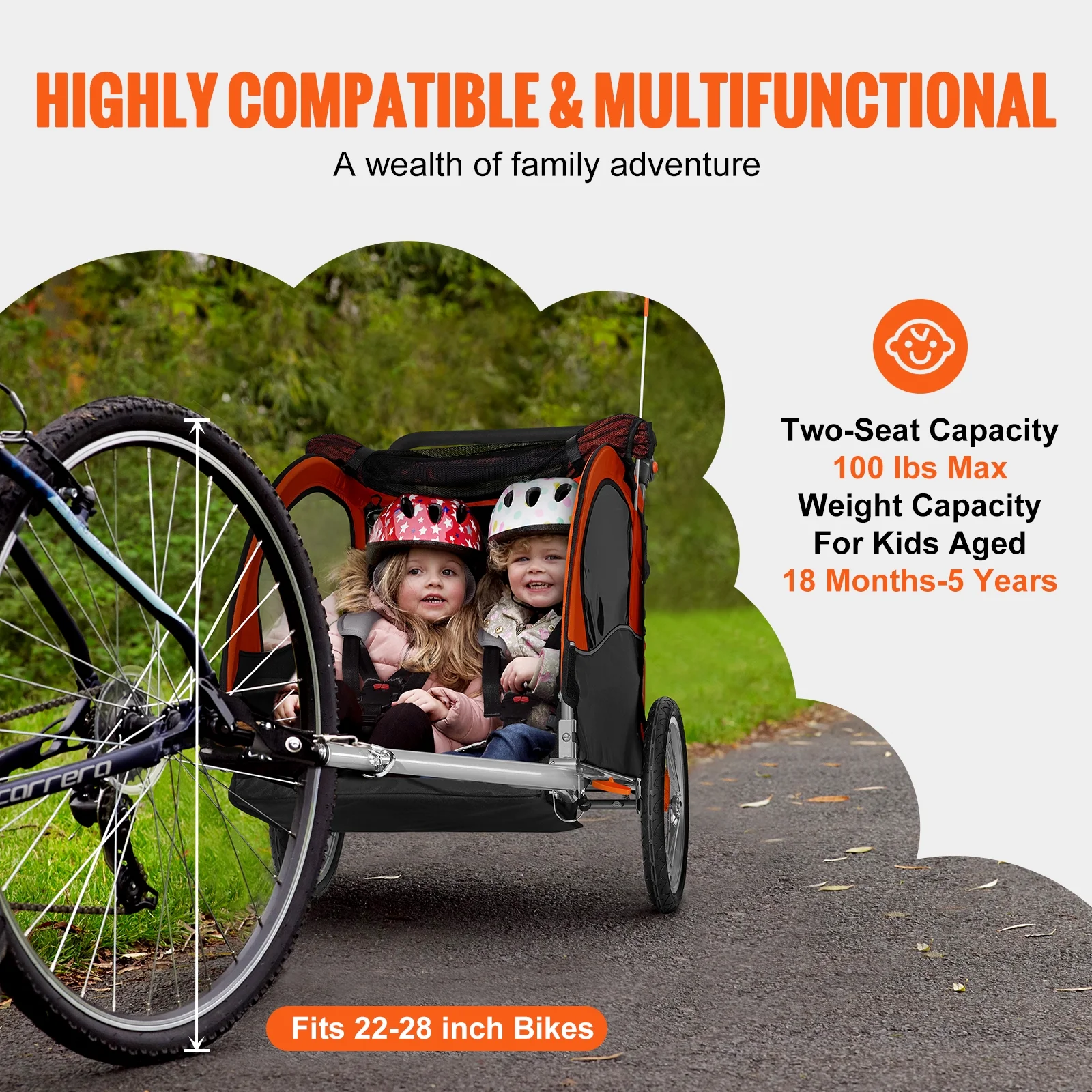 SKYSHALO 100 lbs Kids Bike Trailer Foldable 2 Seater Stroller Double Child Carrier