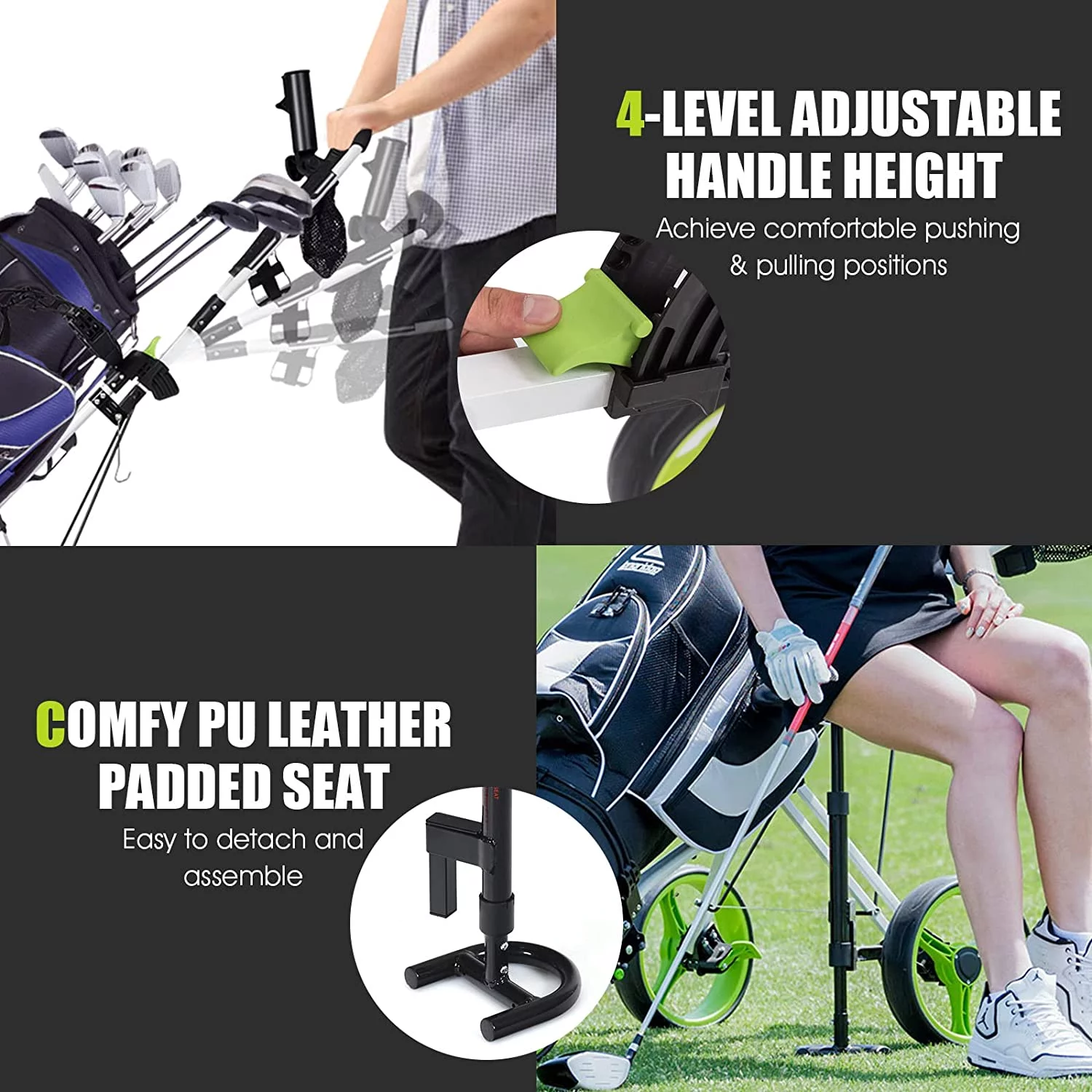 Golf Push Pull Cart with Seat, Lightweight Foldable Collapsible 3 Wheels Golf Push Cart, Golf Trolley with Foot Brake, Adjustable Umbrella Holder & Seat, 4 Height Position Handle