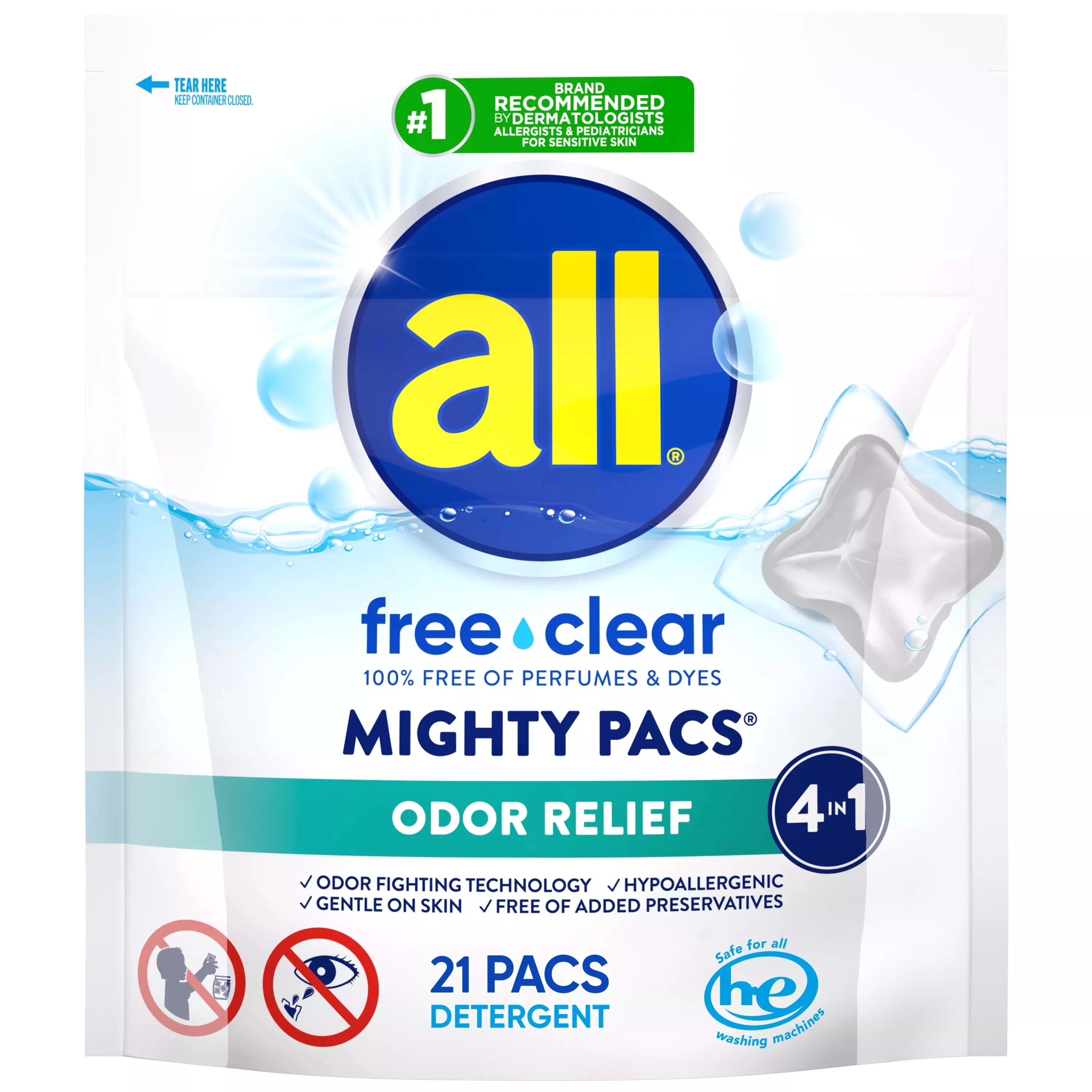 all Mighty Pacs Laundry Detergent, Free Clear Odor Relief, Pouch, 21 Count