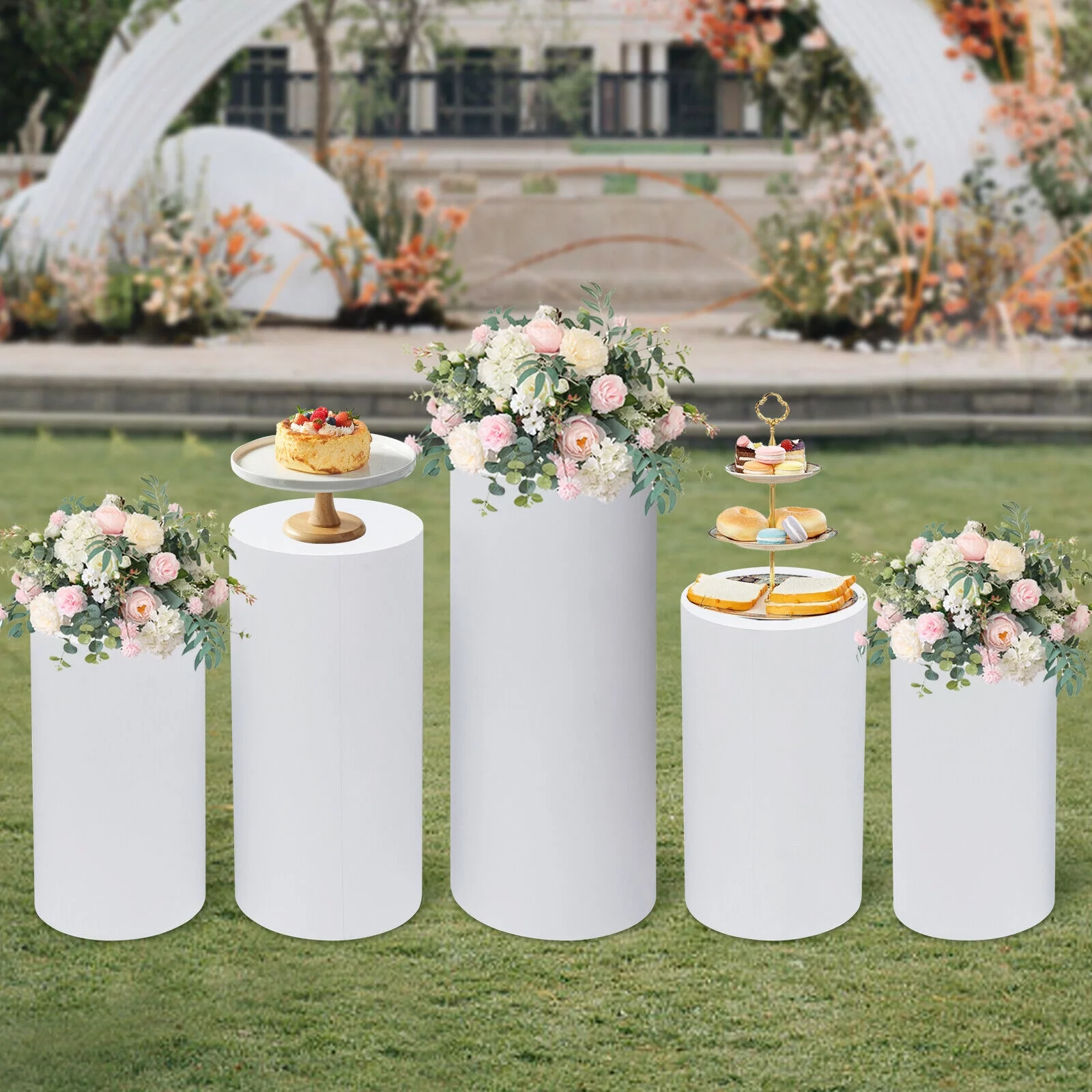 Miumaeov 5Pcs Round Cake Stand Wedding Backdrop Flower Stand Centrepieces Cylinder Pedestal Display Stand