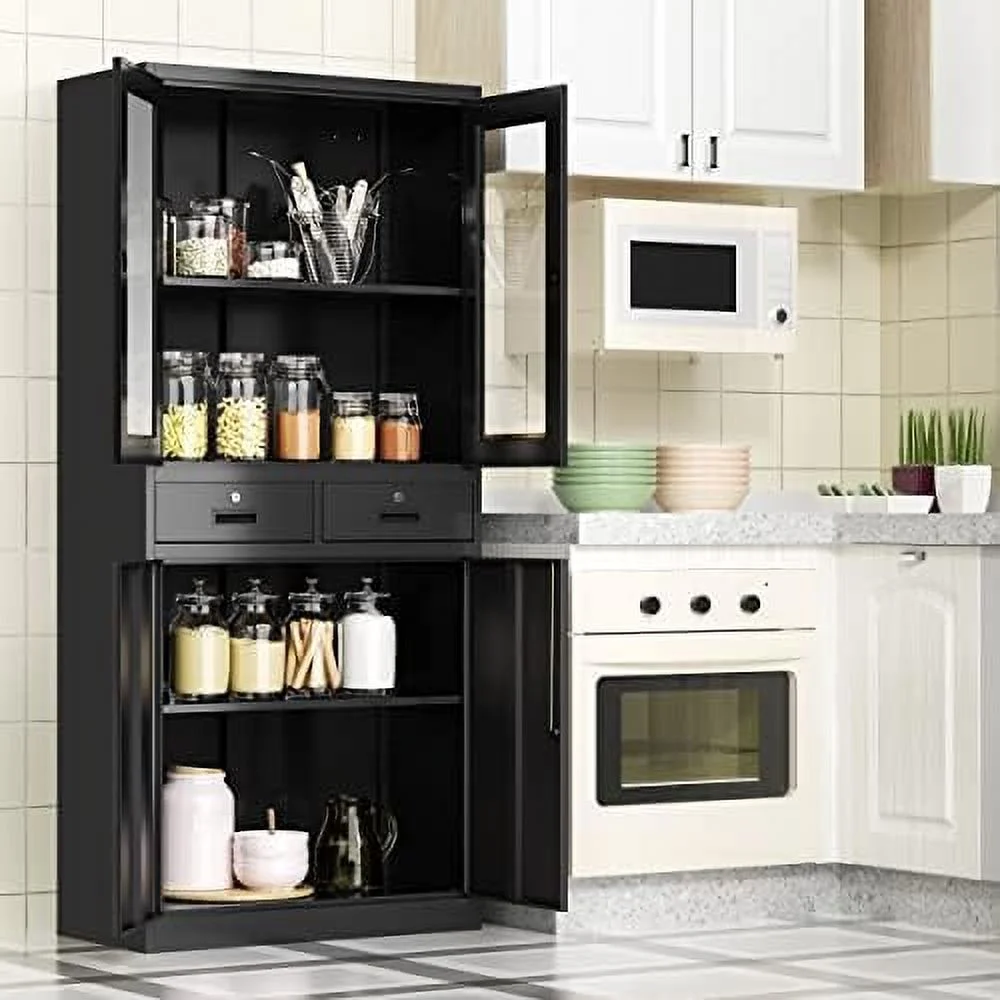 GVJMTKP Glass Display Cabinet with Drawers  Lockable Metal  Cabinets with 2 Adjustable Shelves  71'' Tall Locking Cabinets Modern Liquor Cabinet Freestanding Kitchen Pantry  Cabin