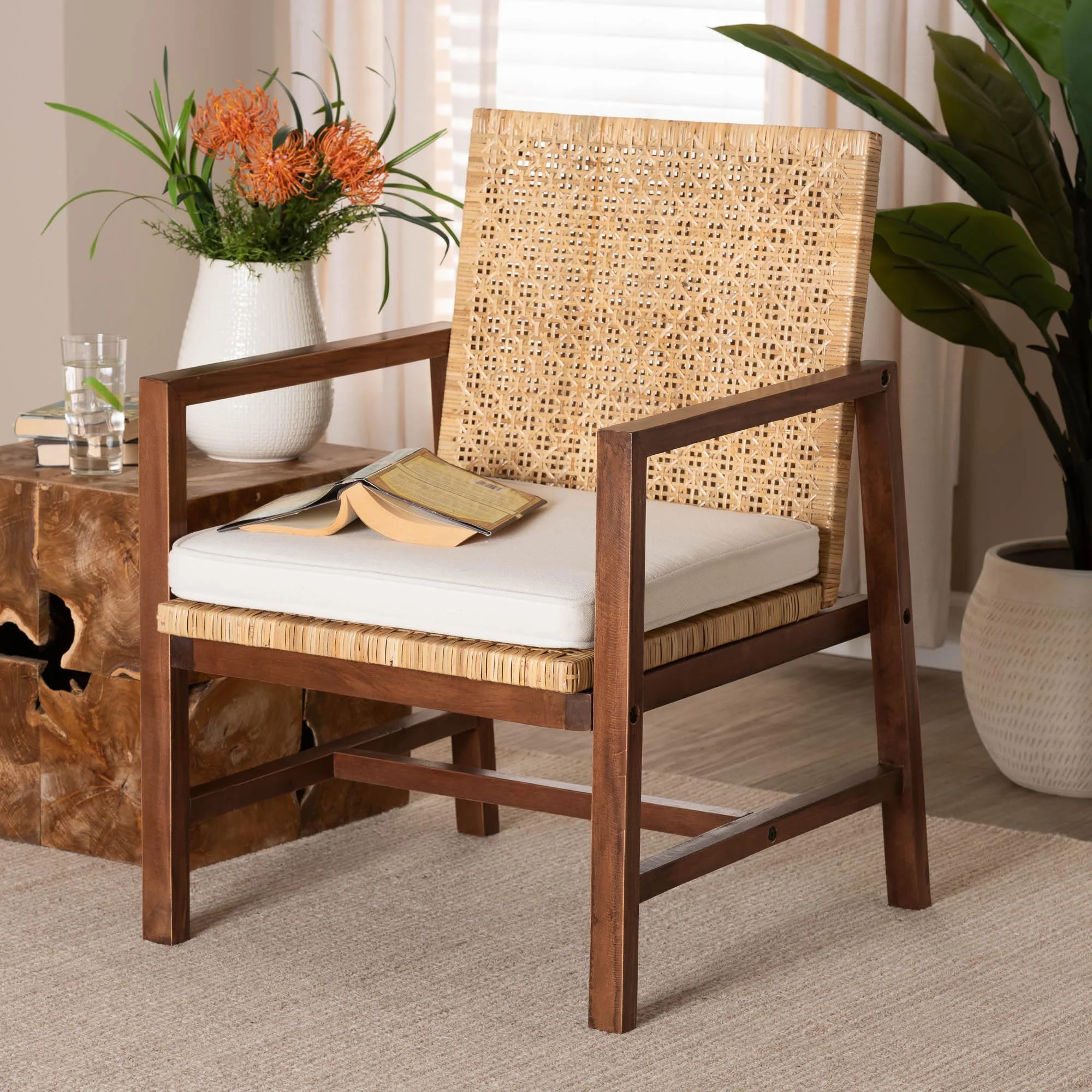 bali & pari Lovina Boho Arm Chair, Handwoven Natural Rattan, Light Honey