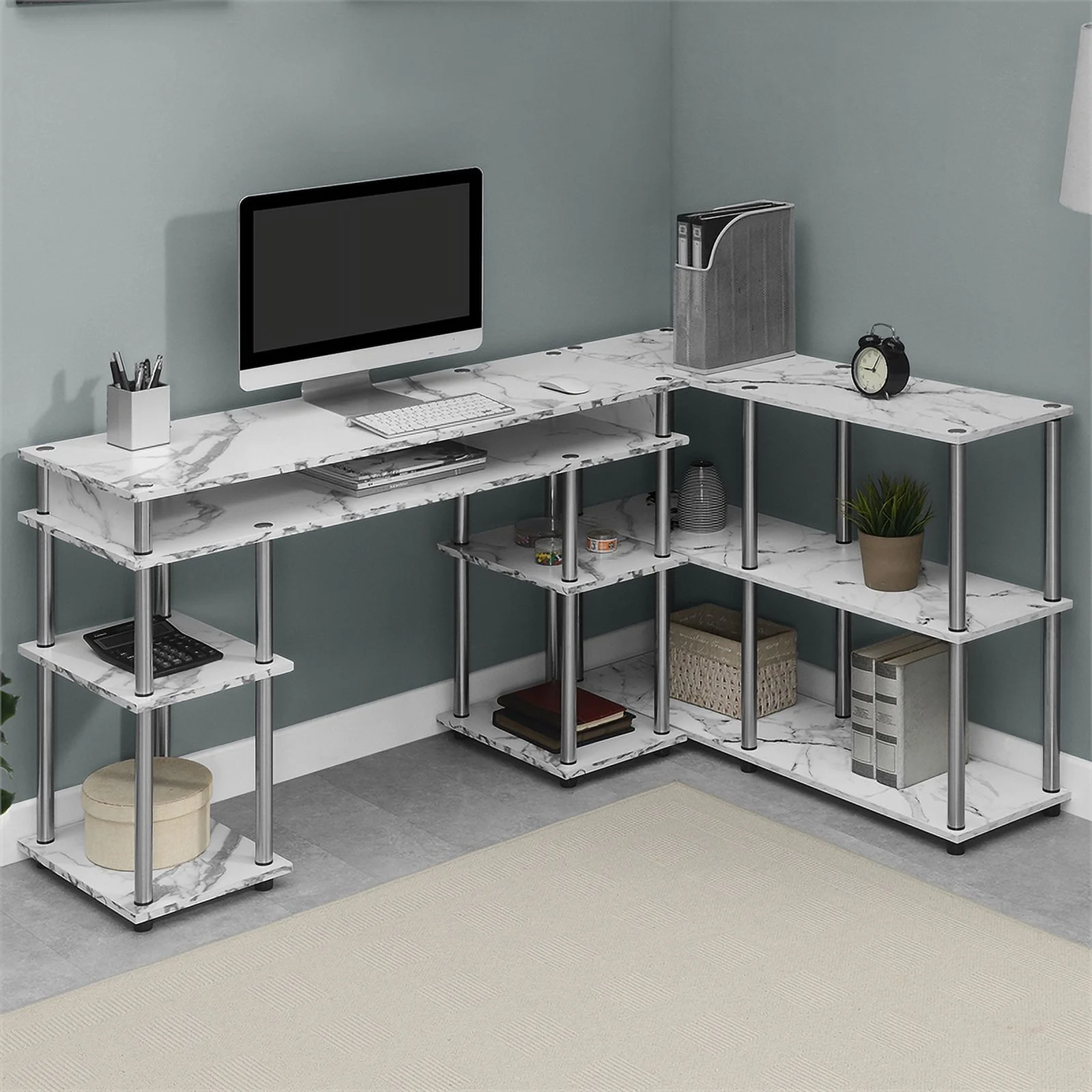 Pemberly Row No-Tools Console Table w/ Shelves in White Faux Marble Wood Finish