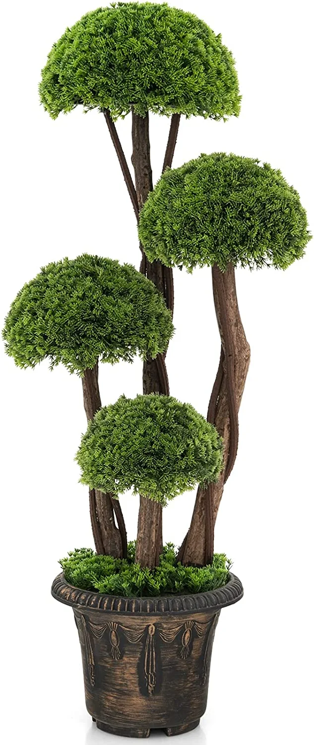 3 FT Artificial Cypress Topiary Ball Tree, Indoor & Outdoor Fake Boxwood Tree with Rattan Trunk, Cement Filled Pot, Decorative Faux Greenery Plant for Home, Front Porch, Entryway, Office