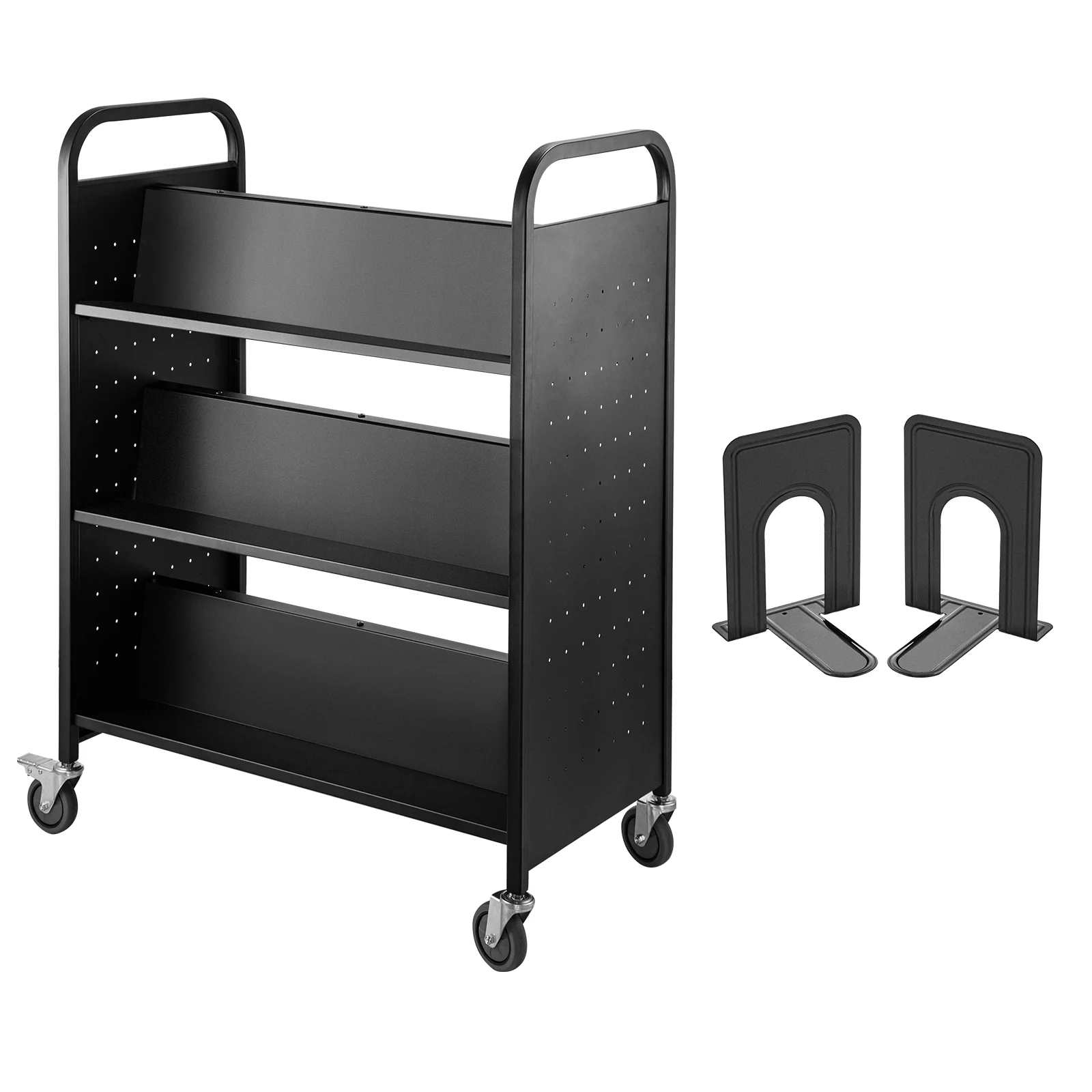 BENTISM Book Cart Library Cart 200lb w/ Double Sided W-Shaped Sloped Shelves Black