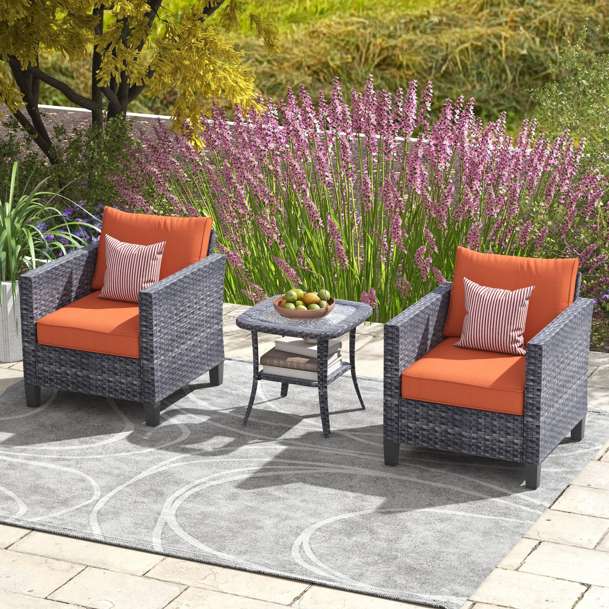 Ovios 3 Pieces Outdoor Patio Furniture All-Weather Bistro Set with Coffee Table and Wicker Chairs for Garden Balcony Backyard Yard