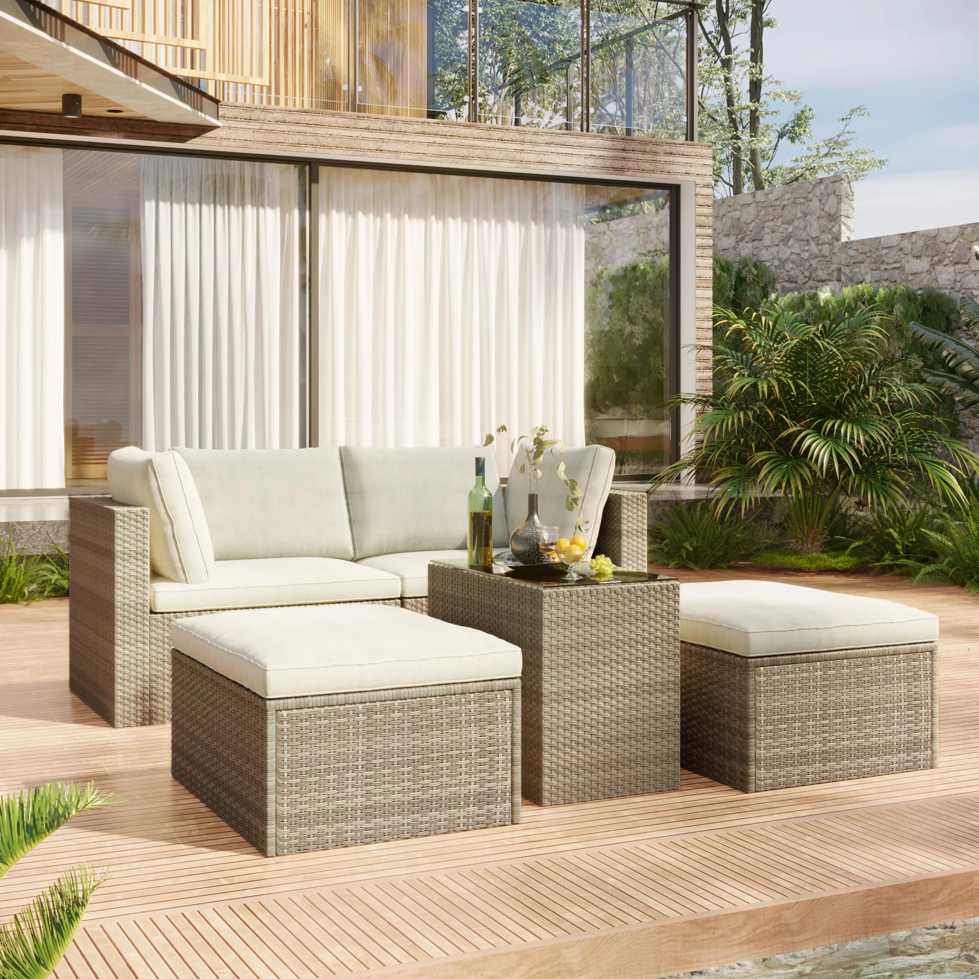 5 Pcs Patio Furniture Set Wicker Rattan Sofa Set Patio Conversation Set Patio Outdoor Furniture Sets Rattan Wicker Sectional Sofa for Patio Garden Poolside Deck