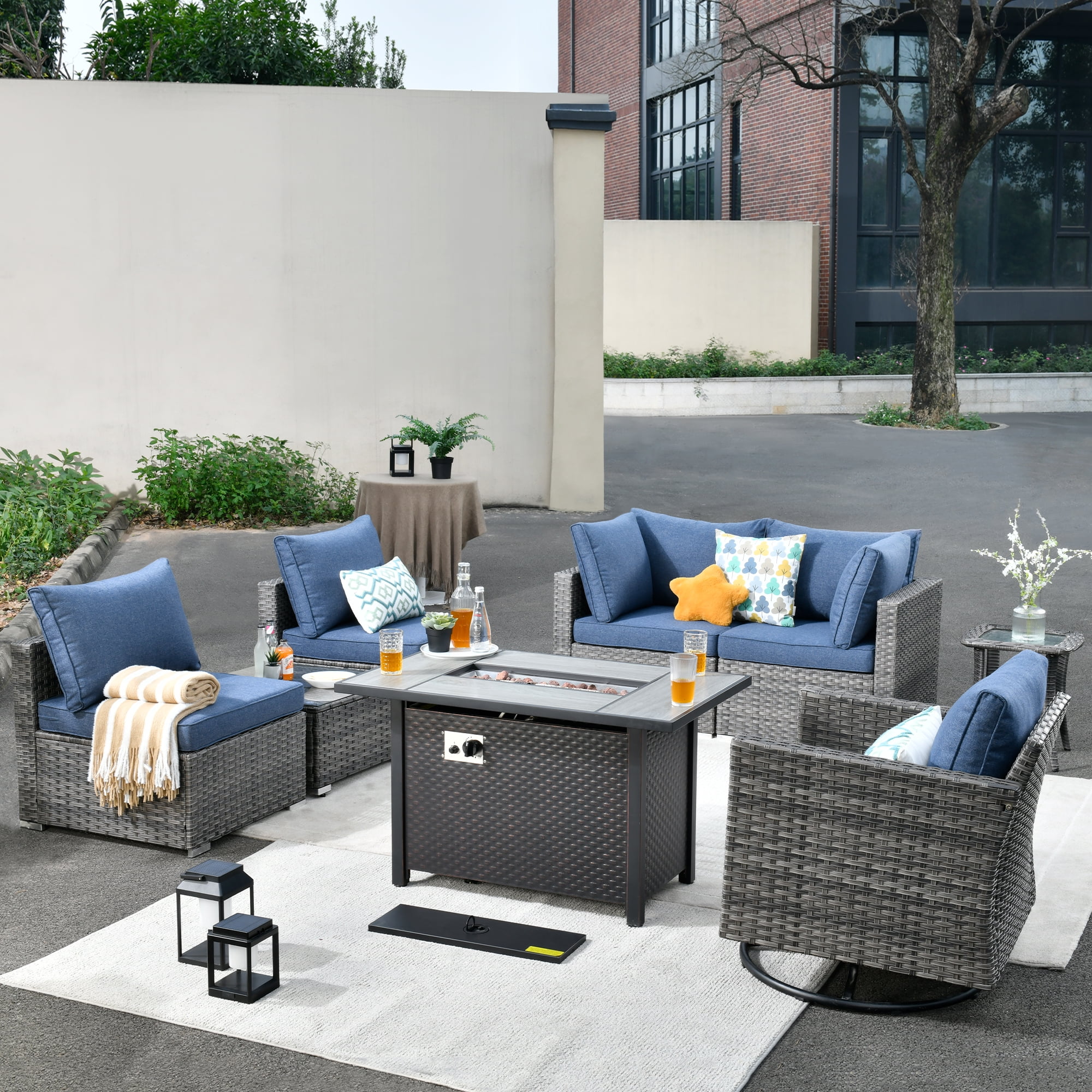 Ovios 8 Pieces Patio Fire Pit Set Outdoor Rattan Sectional Sofa Conversation Set with Swivel Rocking Chair and Side Table,Denim Blue