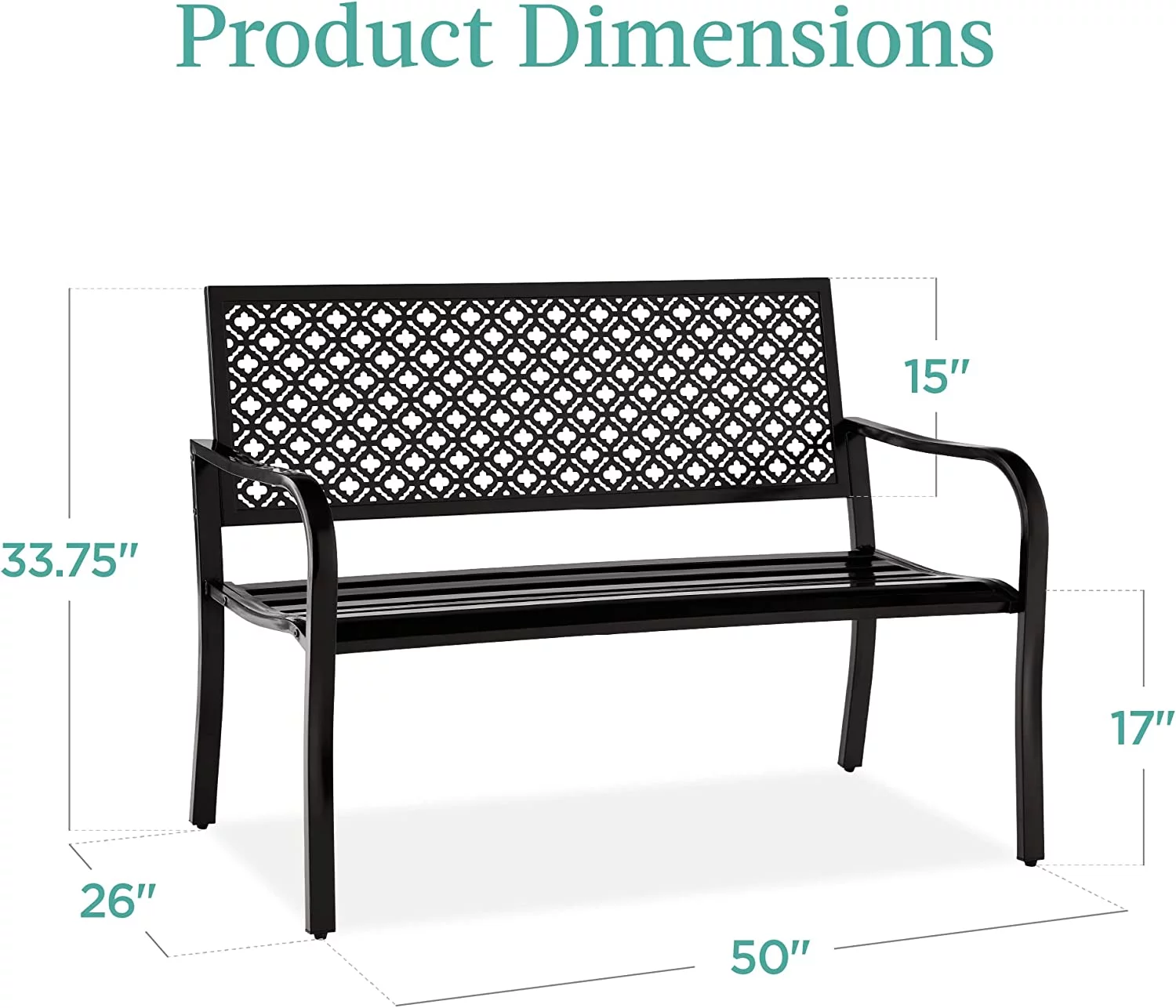 Outdoor Bench 2-Person Metal Steel Benches Furniture for Garden, Patio, Porch, Entryway w/Geometric Backrest, 790lb Capacity – Black