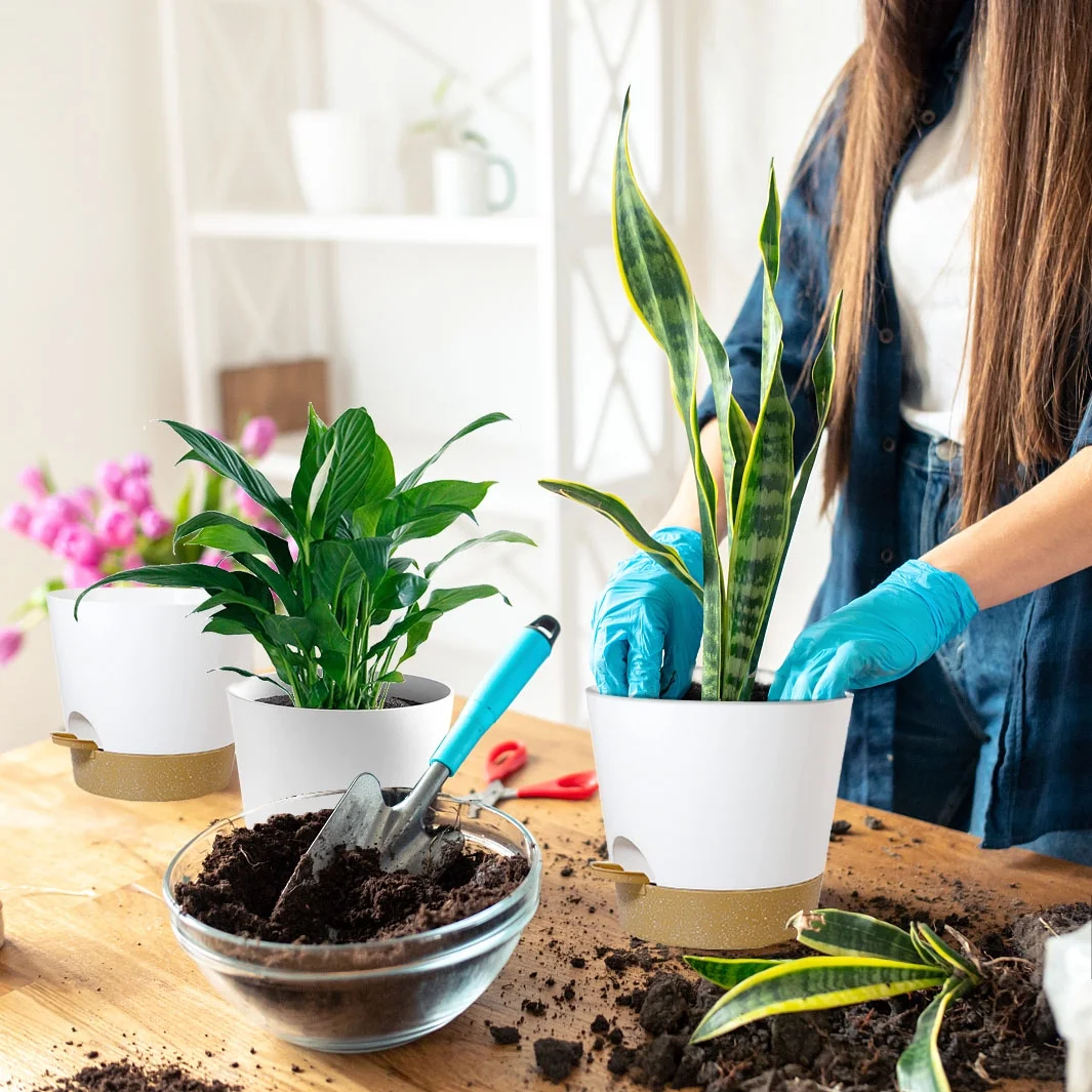 Oradrem 6 Pack Plant Pots, Self Watering Pots with Drainage Holes, 5-8 inch Plastic Flower Pots, Put On Indoor & Outdoor & Window Sill White&Brown
