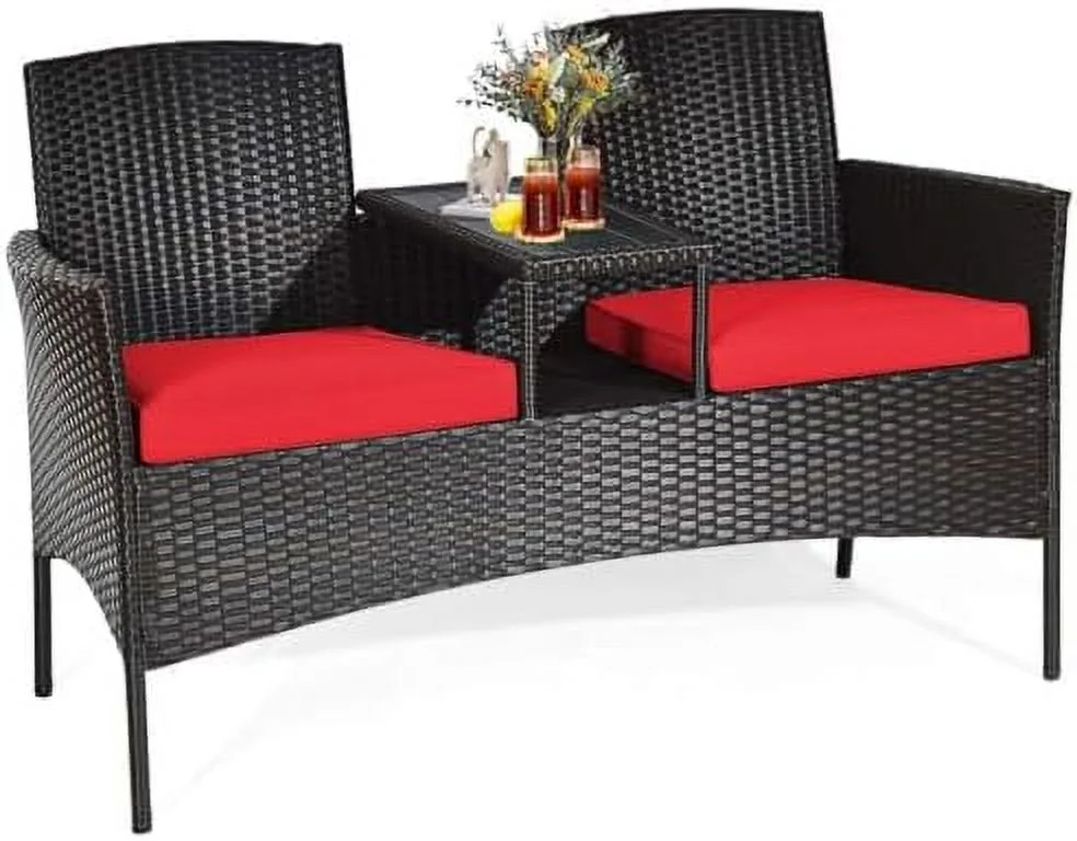 ZWNLKQG Outdoor Patio Loveseat  Wicker Conversation Set with Cushions and Built-in Coffee Table  2 Person Rattan Seating for Garden Lawn Backyard  Dark Brown+White