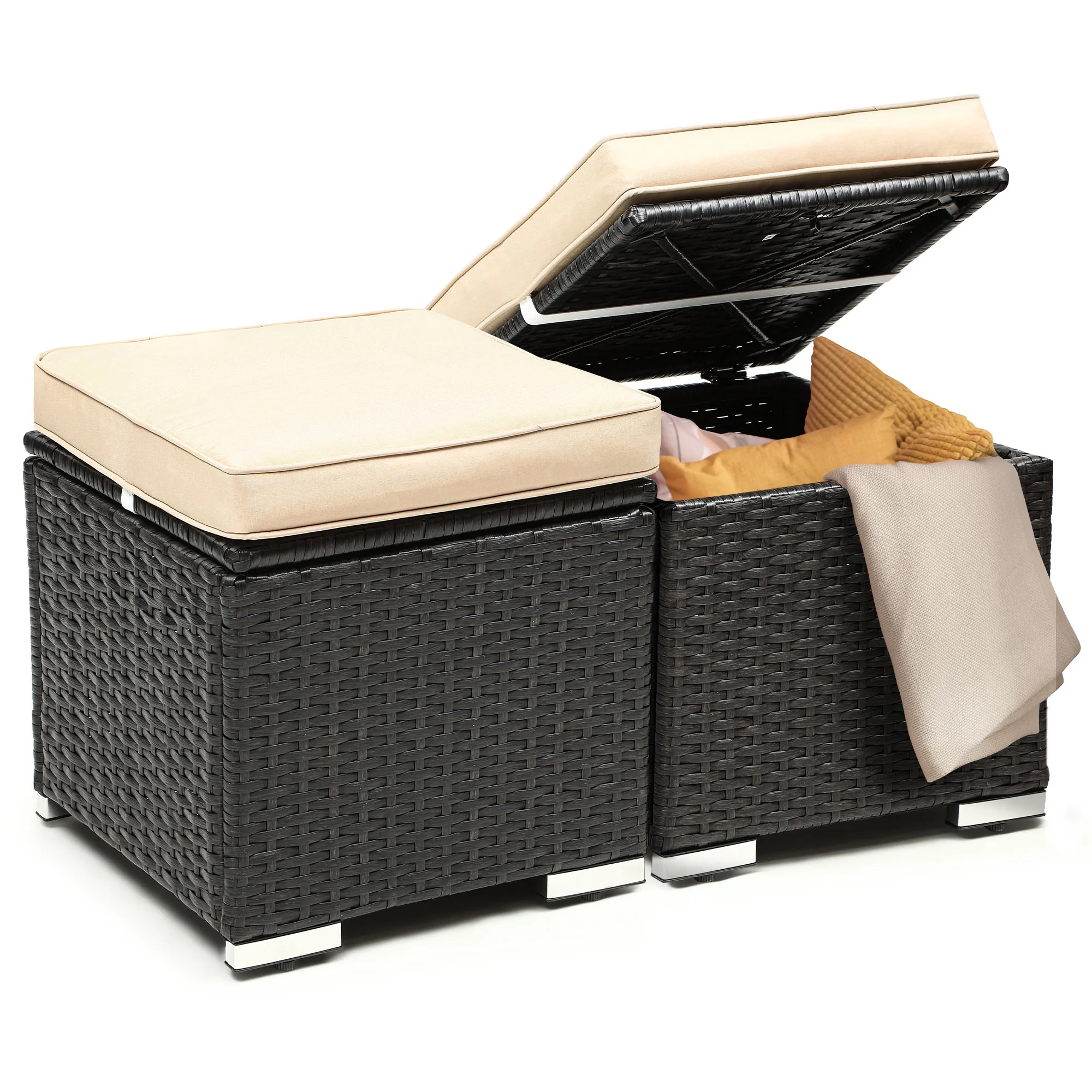 ModFusion 2-Piece Outdoor Rattan Cushioned Ottoman Seat, All-weather Ottoman Footrest and Ottoman Table, Black and Beige