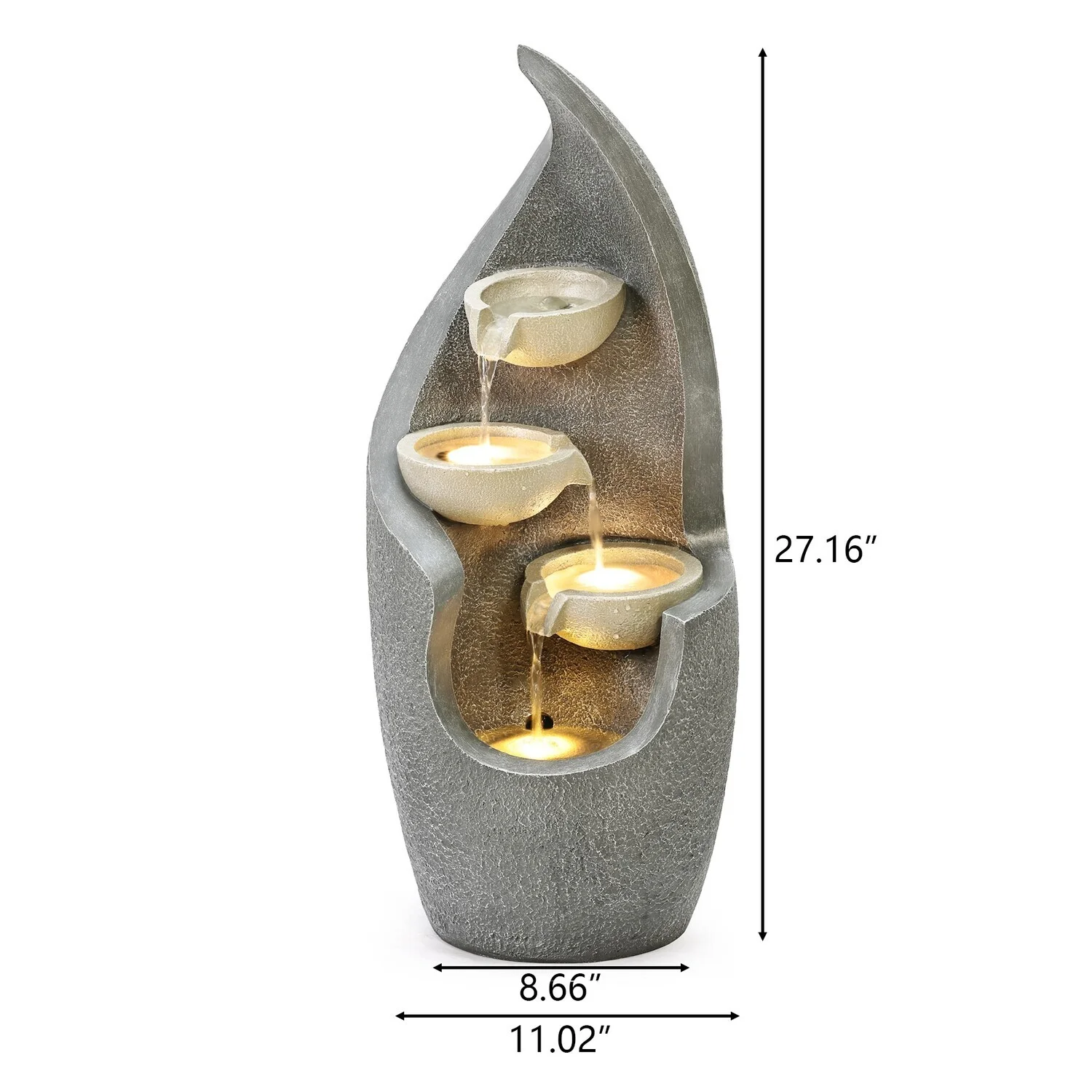 HomeStock Classic Comfort Gray Curves Cascading Bowls Resin Outdoor Fountain With Led Lights