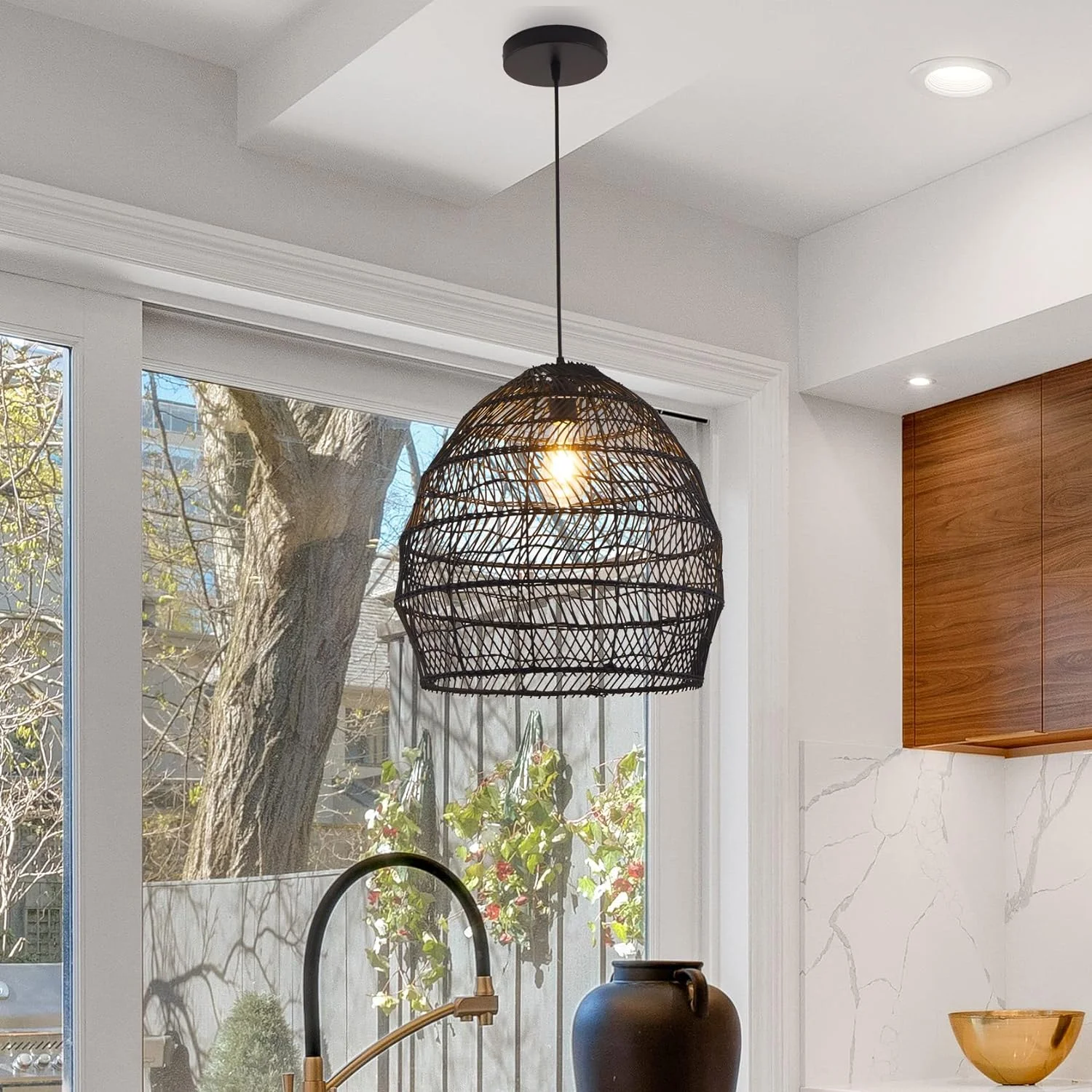 Bamboo Pendant Light Fixture Boho Style 1 Lights Rattan Pendant Lamp Woven Hanging Light for Kitchen Island Nursery in Black(17.7