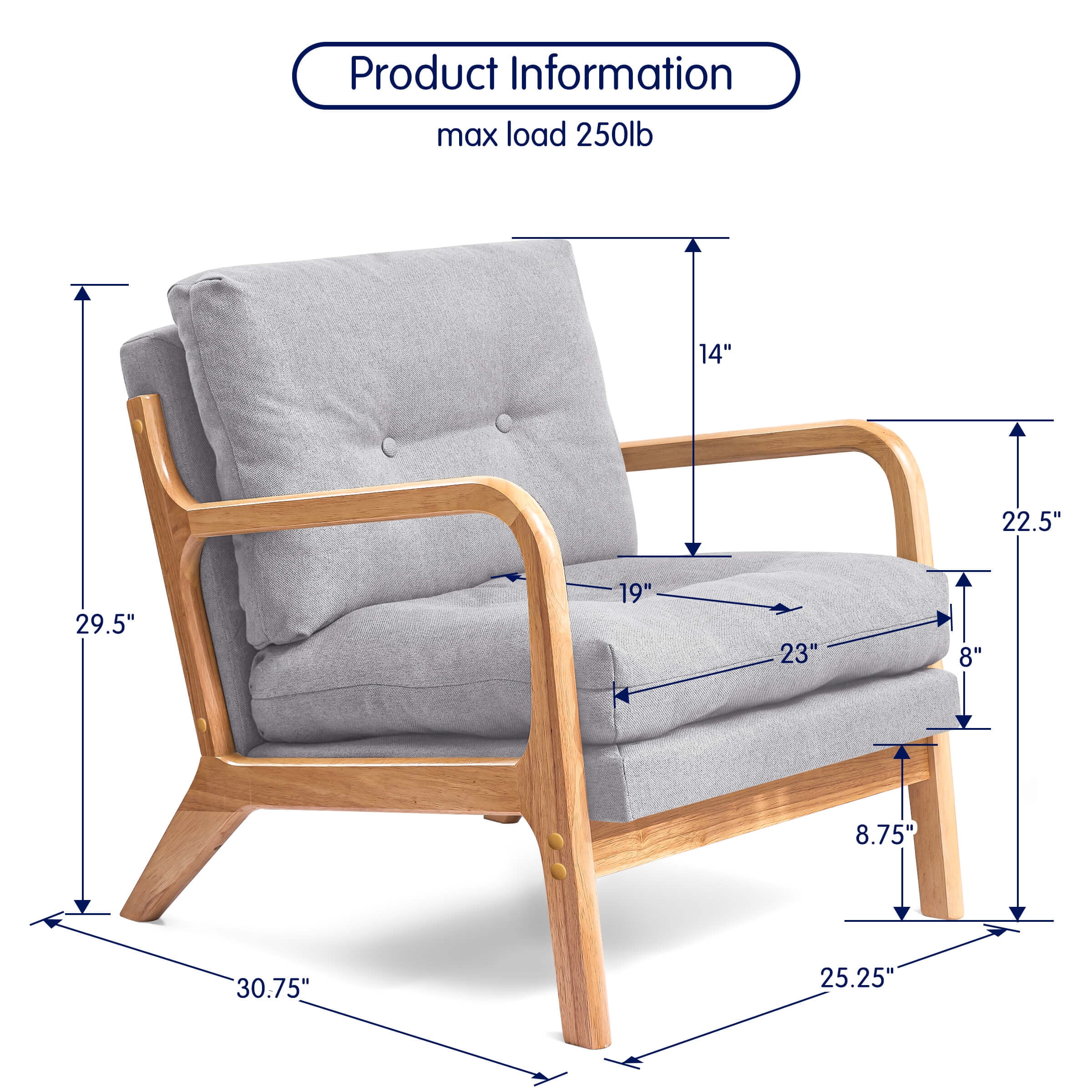 Subrtex Modern Accent Chair Linen Upholstered Arm Chairs with Solid Wood Frame, Set of 2, Gray