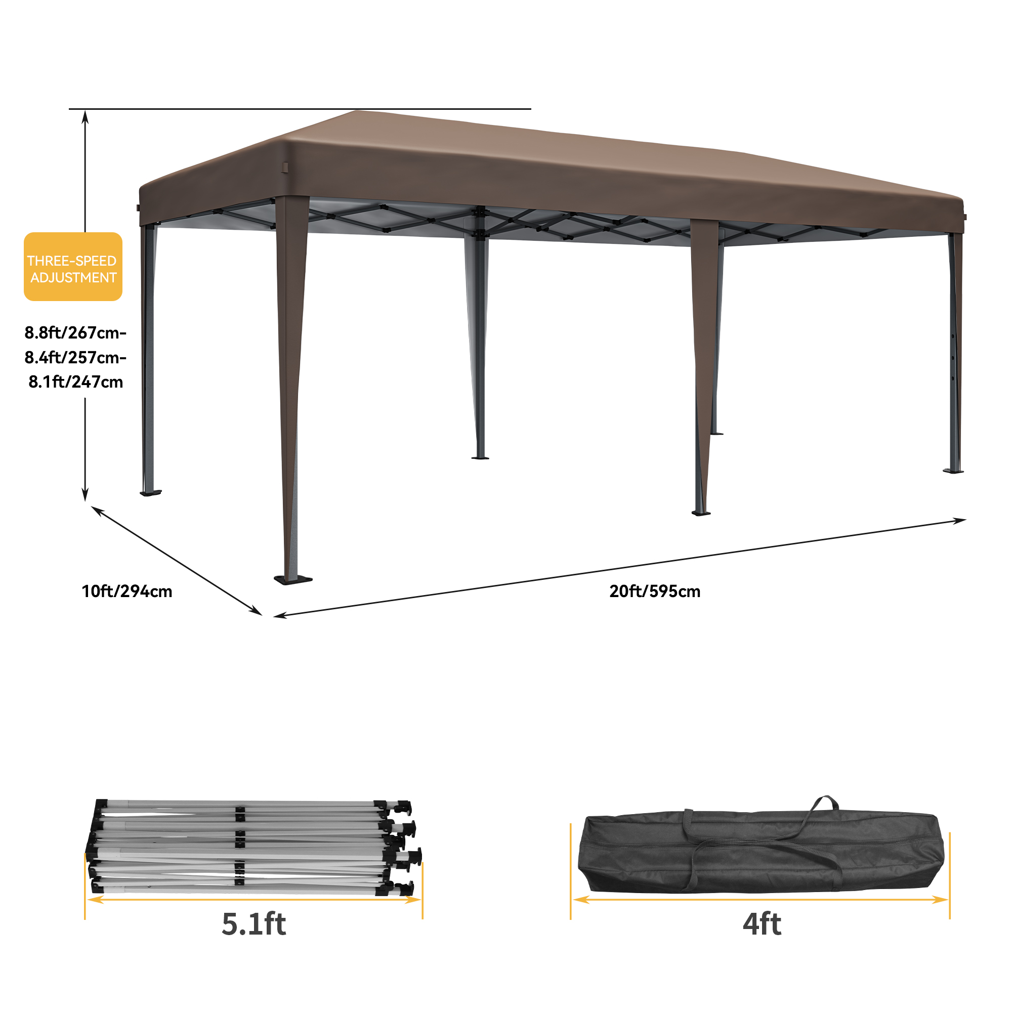 Dextrus 10x20FT Pop Up Canopy, Commercial Heavy Duty Party Tent 3 Gear Height Adjustment w/Sidewalls,Ideal for Parties, Patio, Events,Brown