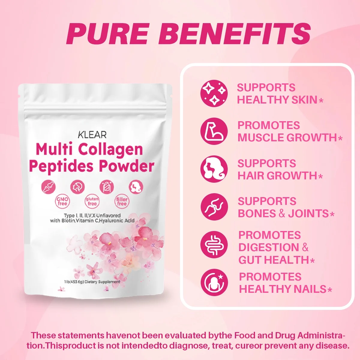 Multi Protein Collagen Peptides Powder, Promotes Hair, Nail, Skin, Bone and Joint Health, Odorless, Unflavored, 1 Pounds, 82 servings