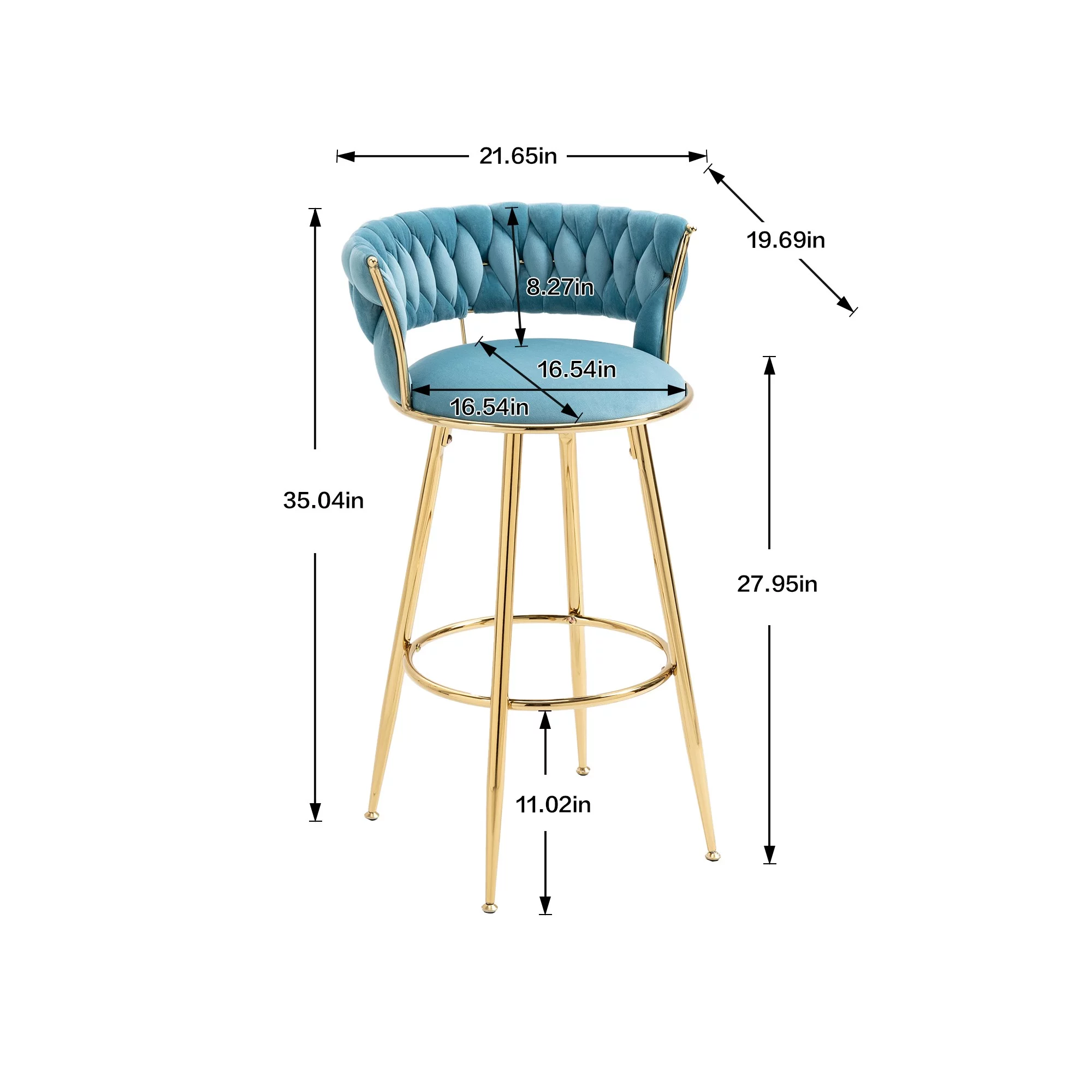 Velvet Tufted Counter Height Bar Stool Chairs with Solid Metal Legs Upholstered Bar Stools, Kitchen Island Padded Barstools with Footrest High Dining Chairs(Blue,Set of 2)